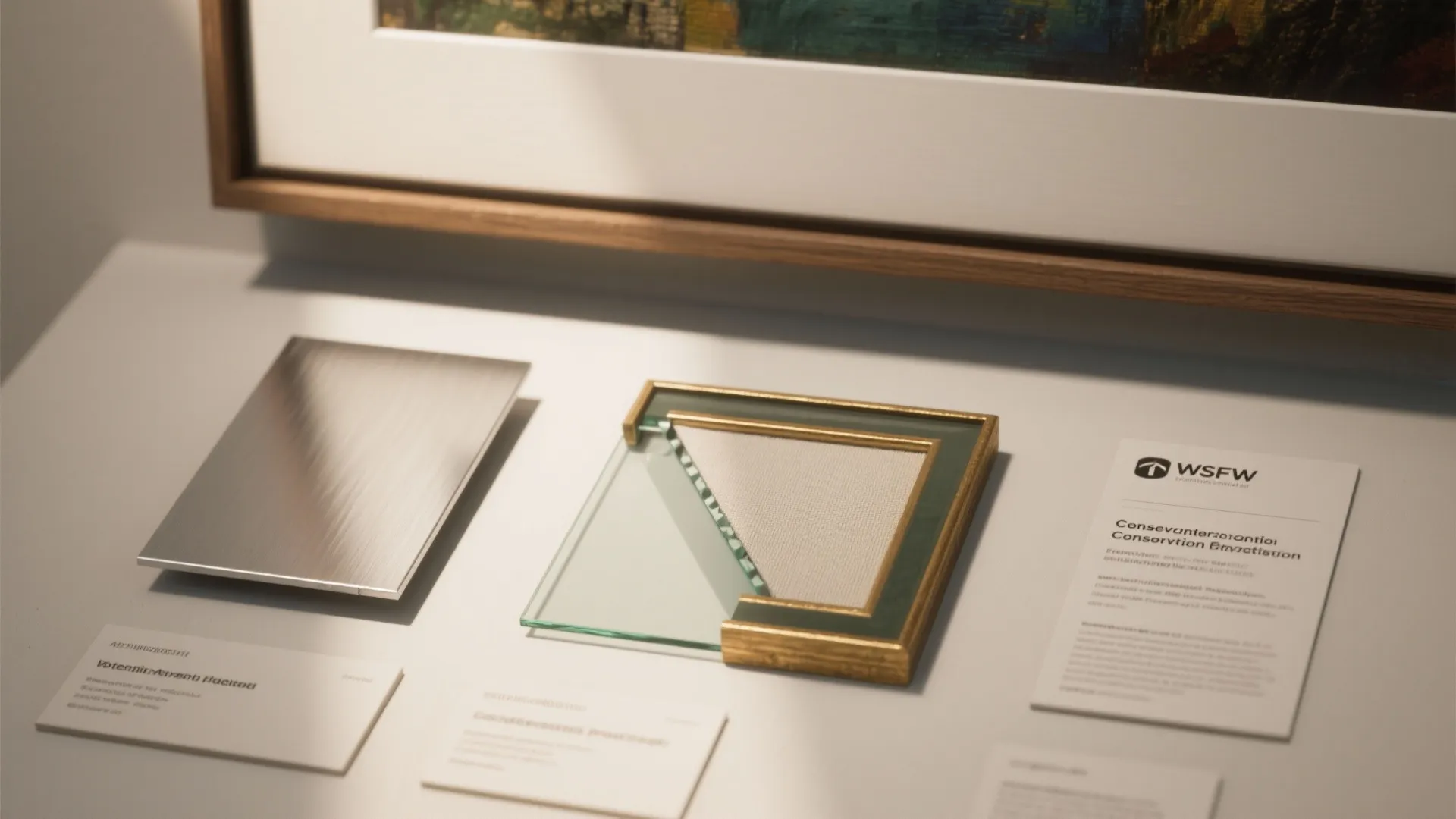 Samples showing aluminum backing, sealed glass, and resin coatings alongside a small conservation guidance card