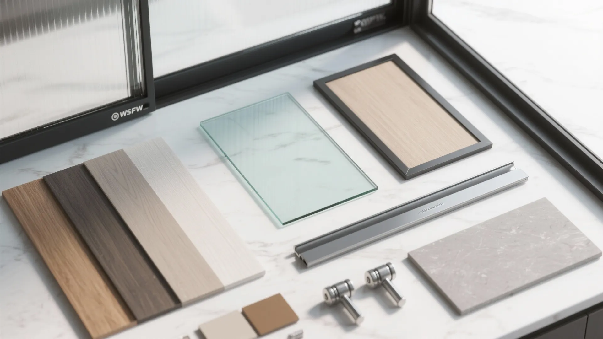 Flat lay of interior design material samples including wood panels glass and metal hardware parts