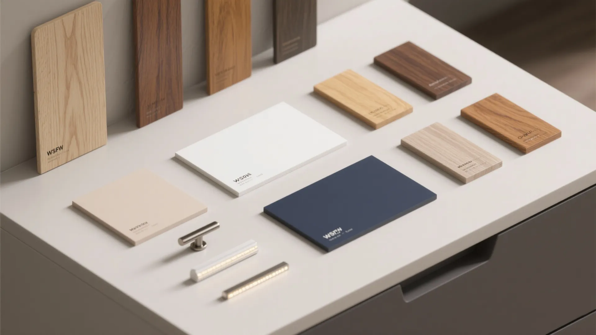 Collection of wood floor samples with metal cabinet handles and colorful design panels on white table