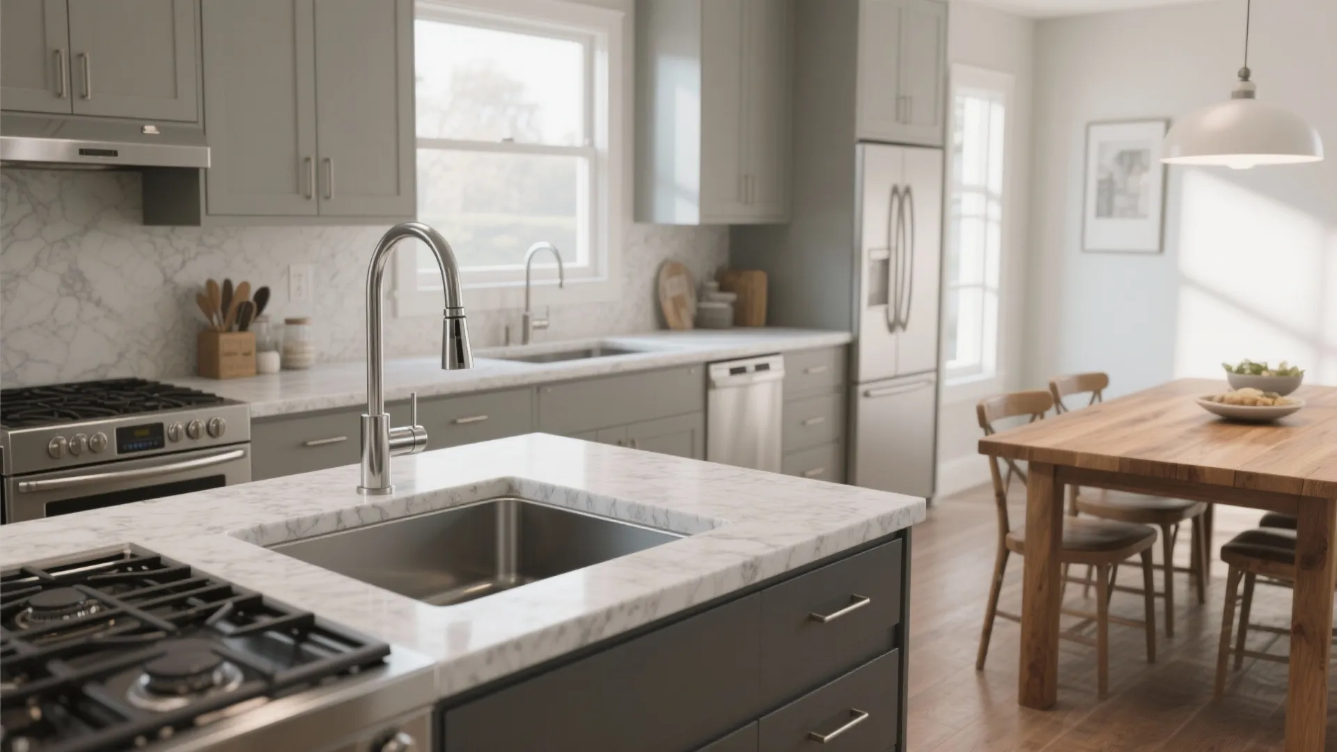 Modern kitchen featuring grey cabinets white marble countertops a large island and wooden dining table