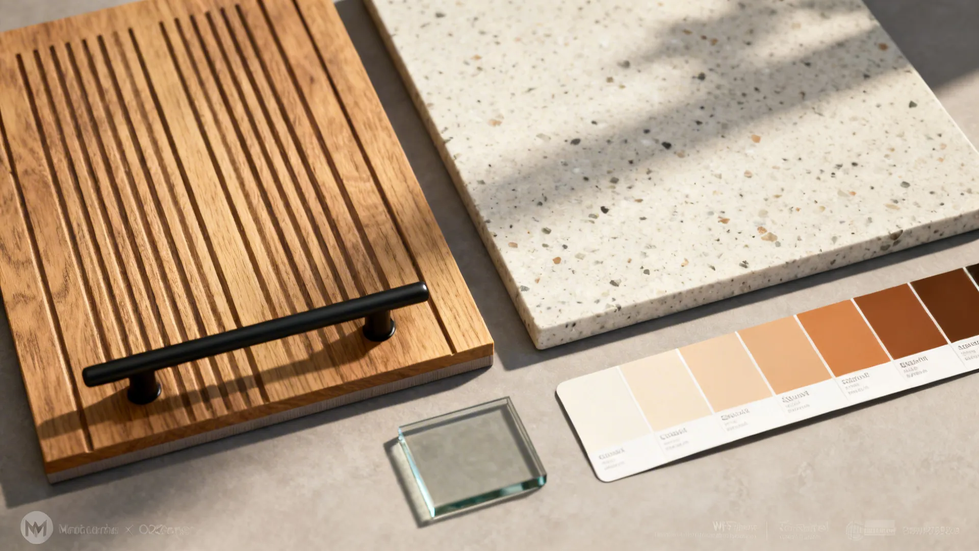 Flat lay of rift-sawn oak, matte black hardware, eco-quartz, warm neutral paint, and low-iron glass.