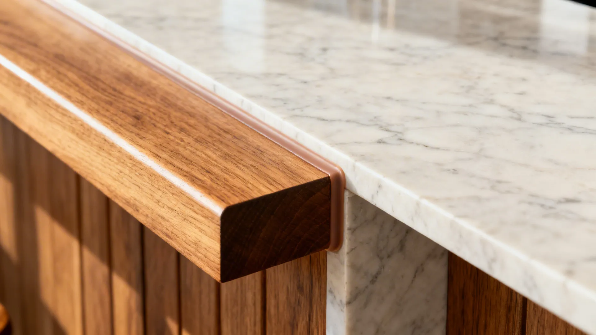 Close up of white marble countertop meeting thick wood edge on a kitchen island base