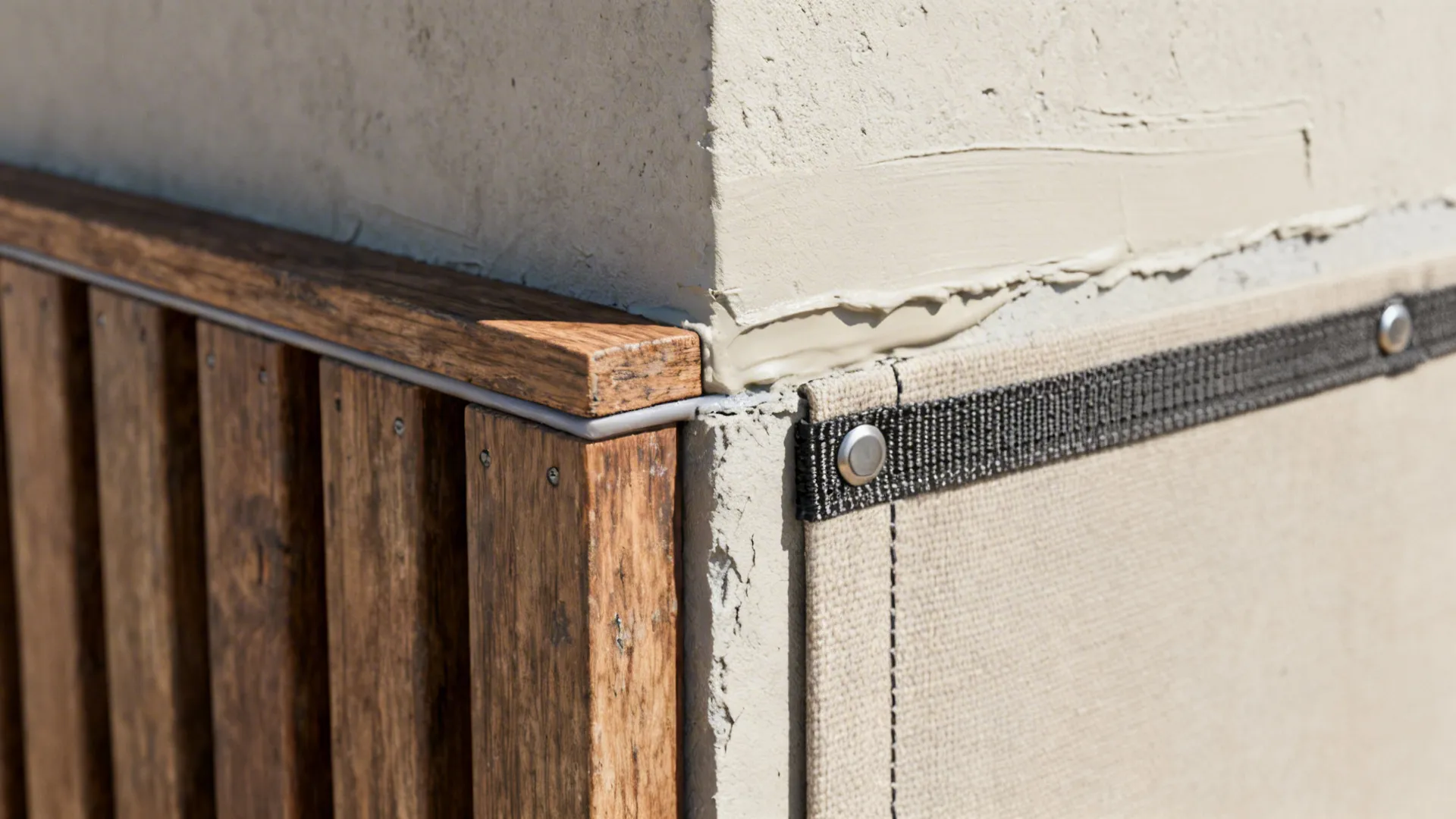 Close-up of finished junctions between timber, plaster and fabric wall materials
