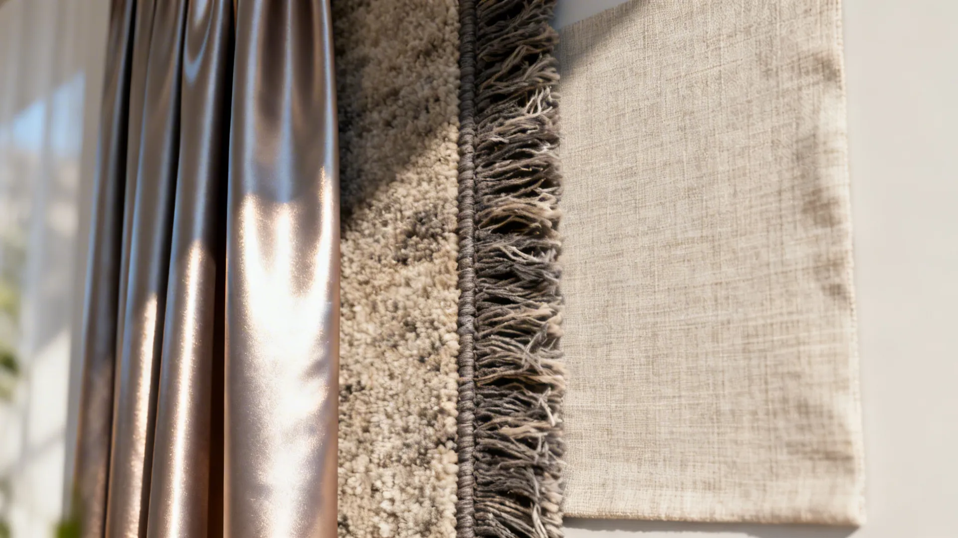 Close-up of silk, wool, and linen samples showing how materials handle light differently.