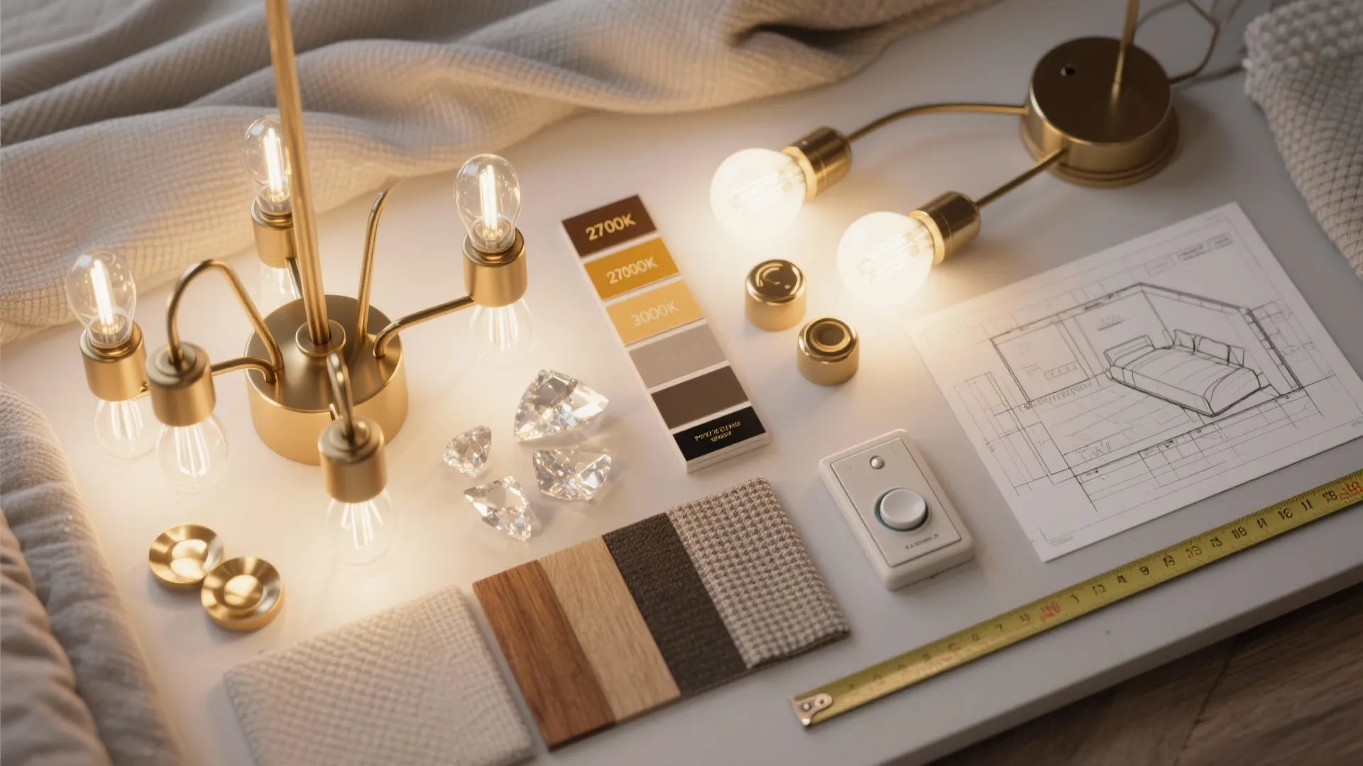 Flatlay of bulb samples, brass swatches, crystal pieces and room planner sketches for chandelier selection