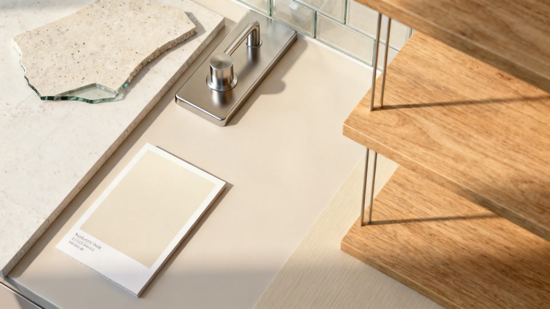 Flat lay of heat-resistant south materials and light, high-LRV north finishes for a Vastu-aligned kitchen.