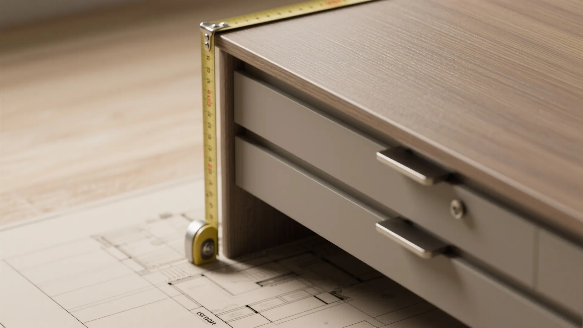 Yellow tape measure measuring a grey wood cabinet with handles placed on a room layout