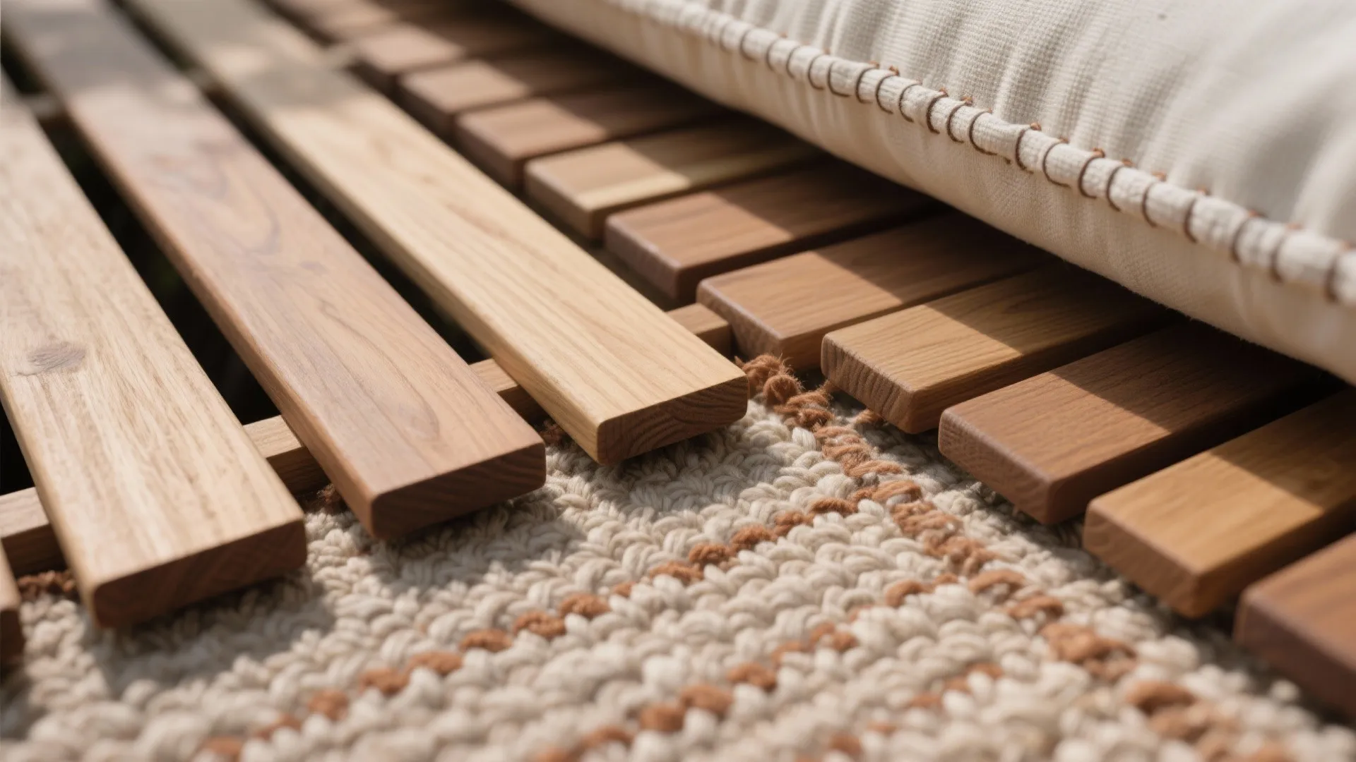 Close-up of teak wood slats, outdoor rug weave, and linen cushion seam.