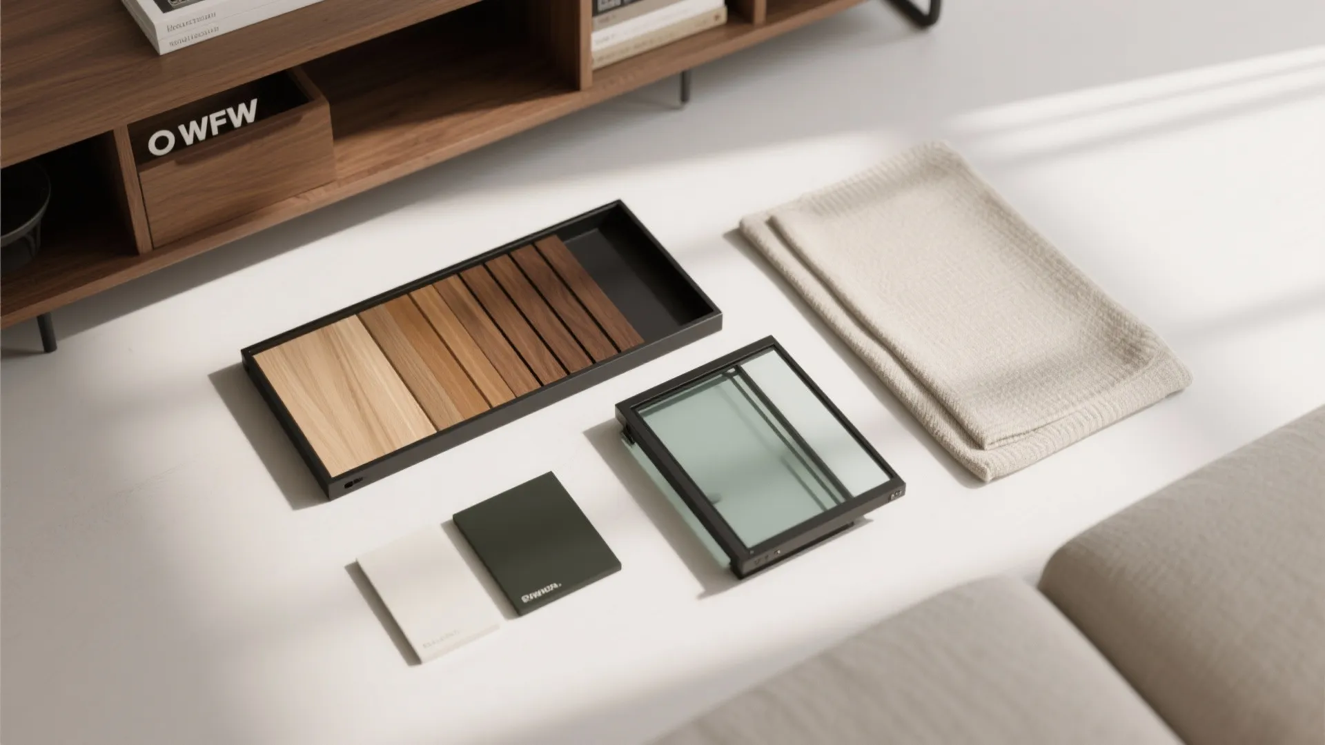 Collection of wood samples glass frame fabric and color tiles on a clean white floor