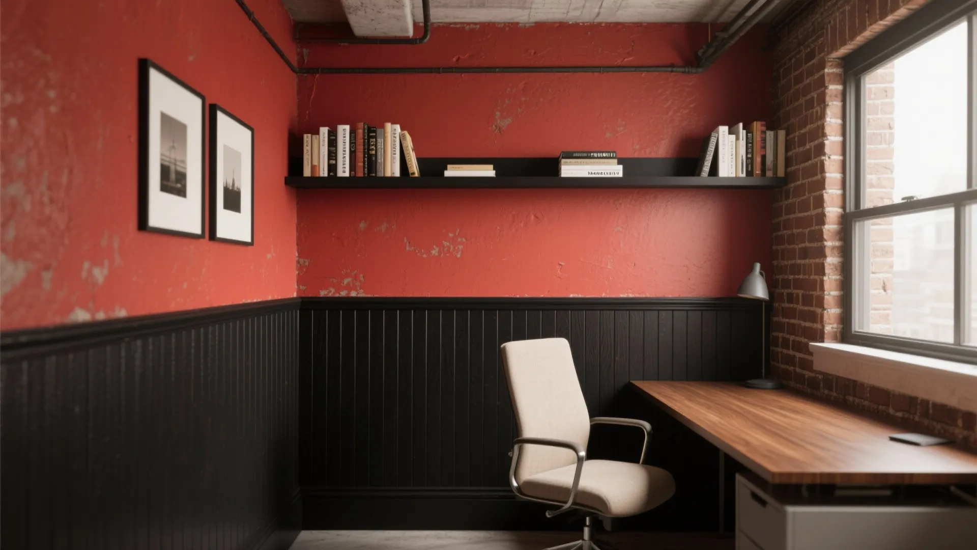 Home office with red walls black wall panels wooden desk white chair and a brick window