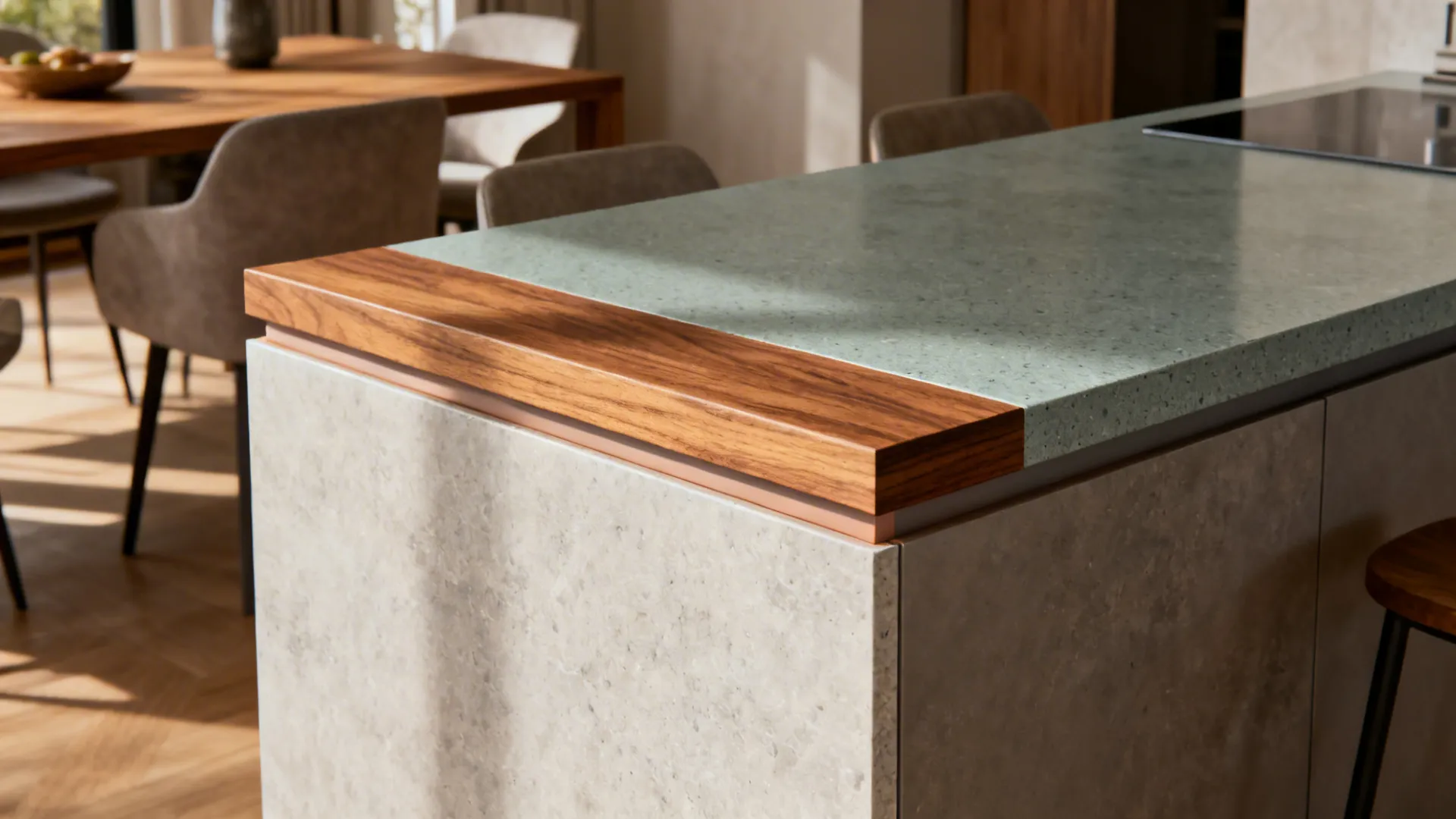 Kitchen island with green stone countertop wood trim and stone base near a dining area