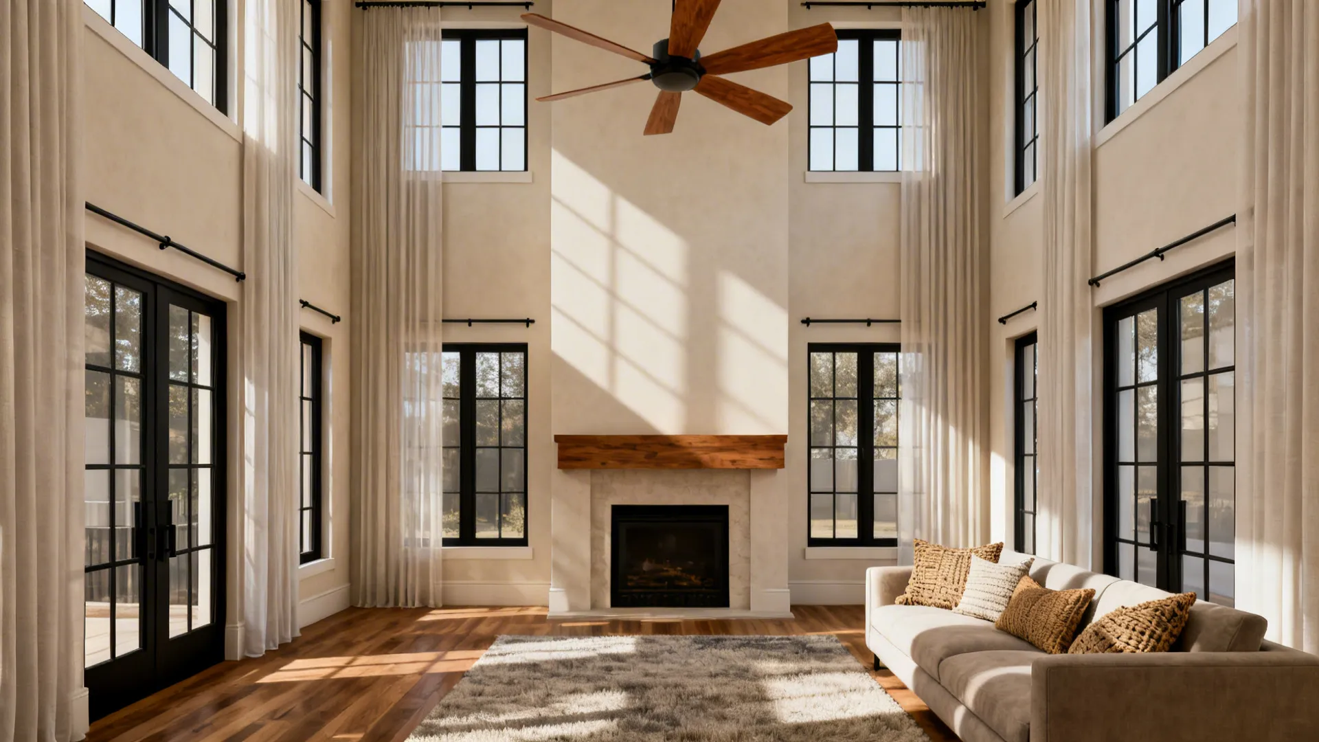Ceiling fan with wood blades and matte black accents tying the mantel and window frames together in a tall room.