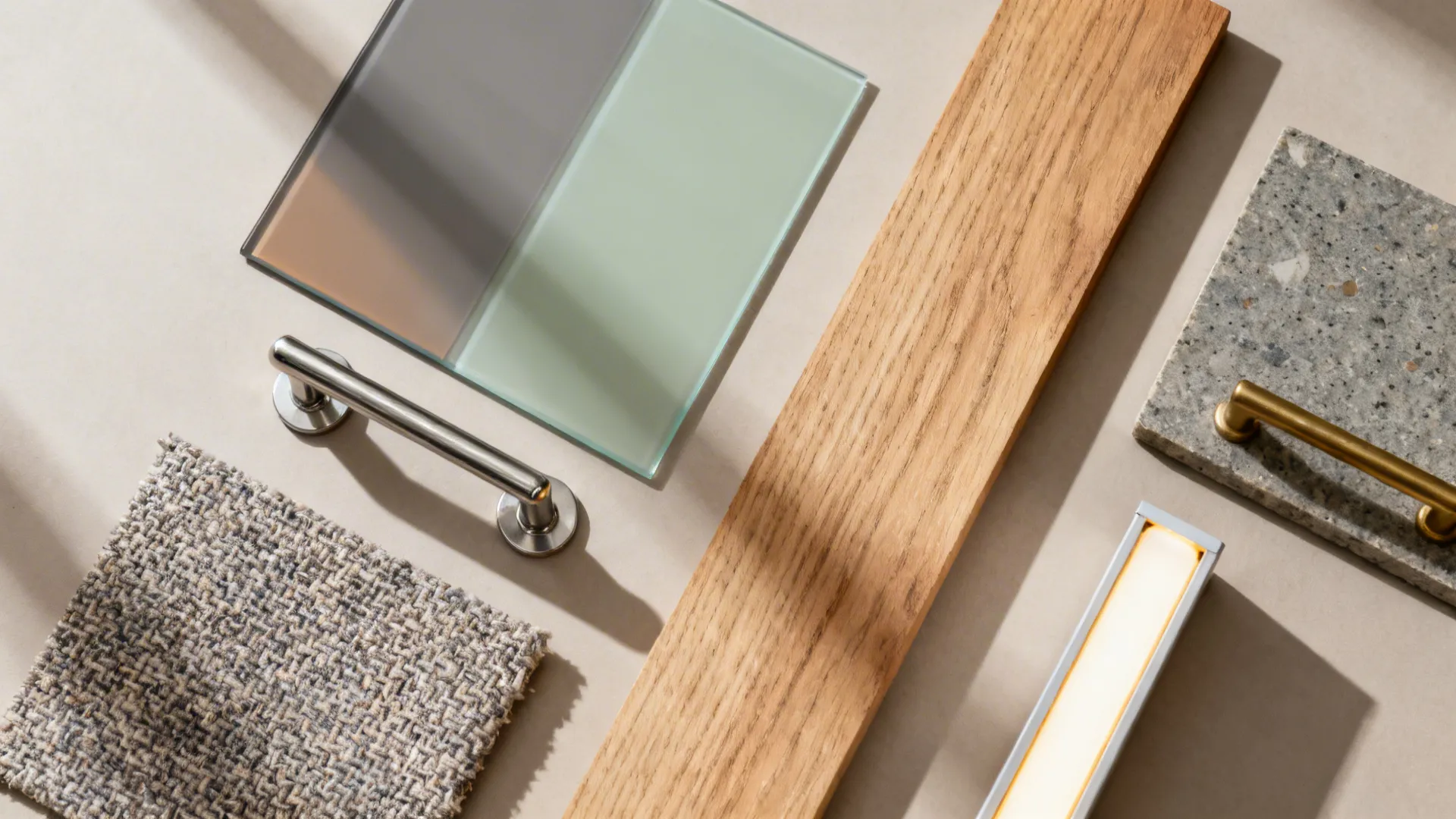 Collection of interior design materials including wood, stone, fabric, glass, metal handles, and a light
