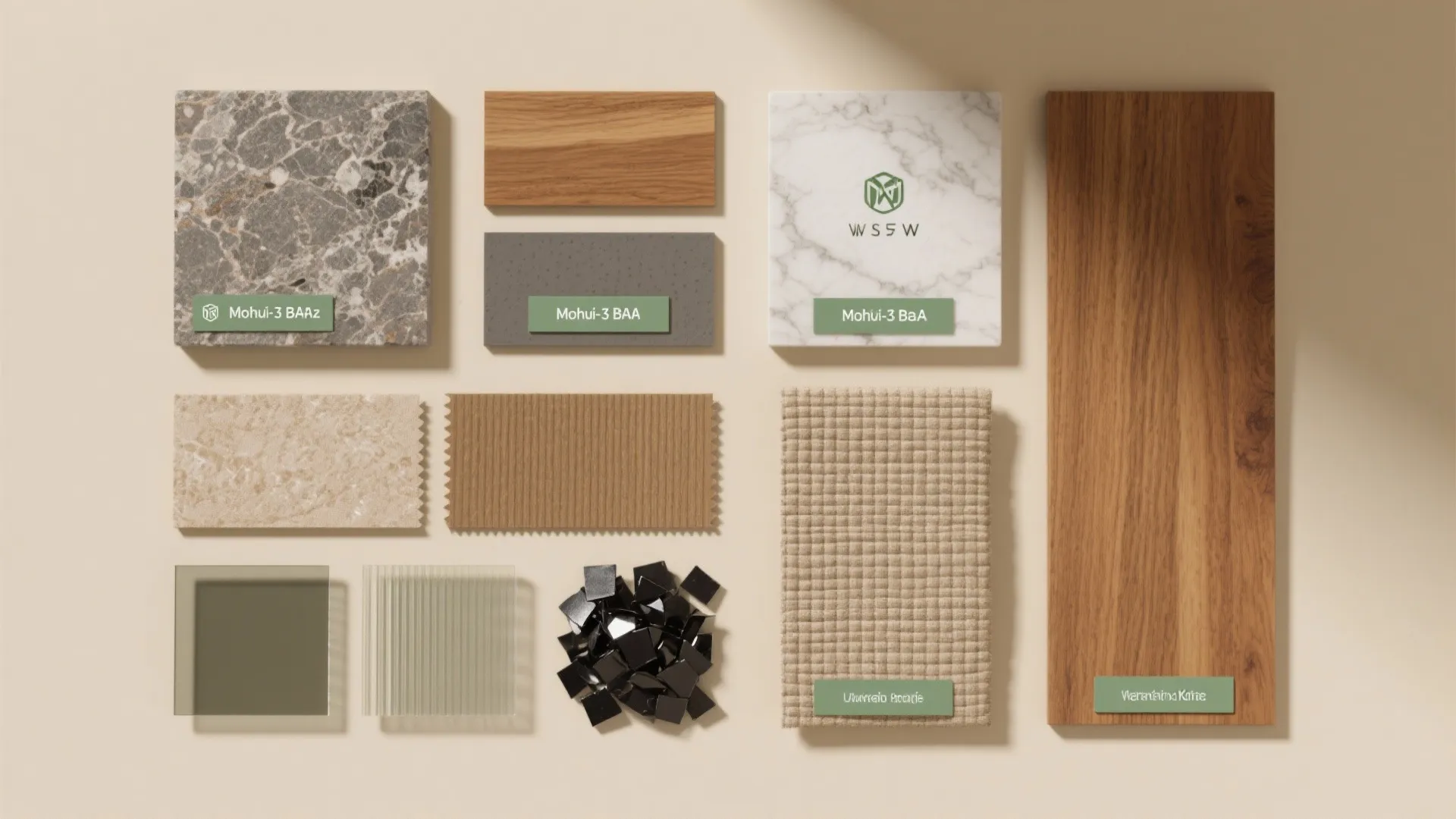 Various interior design material samples including wood marble fabric and tiles arranged on a table