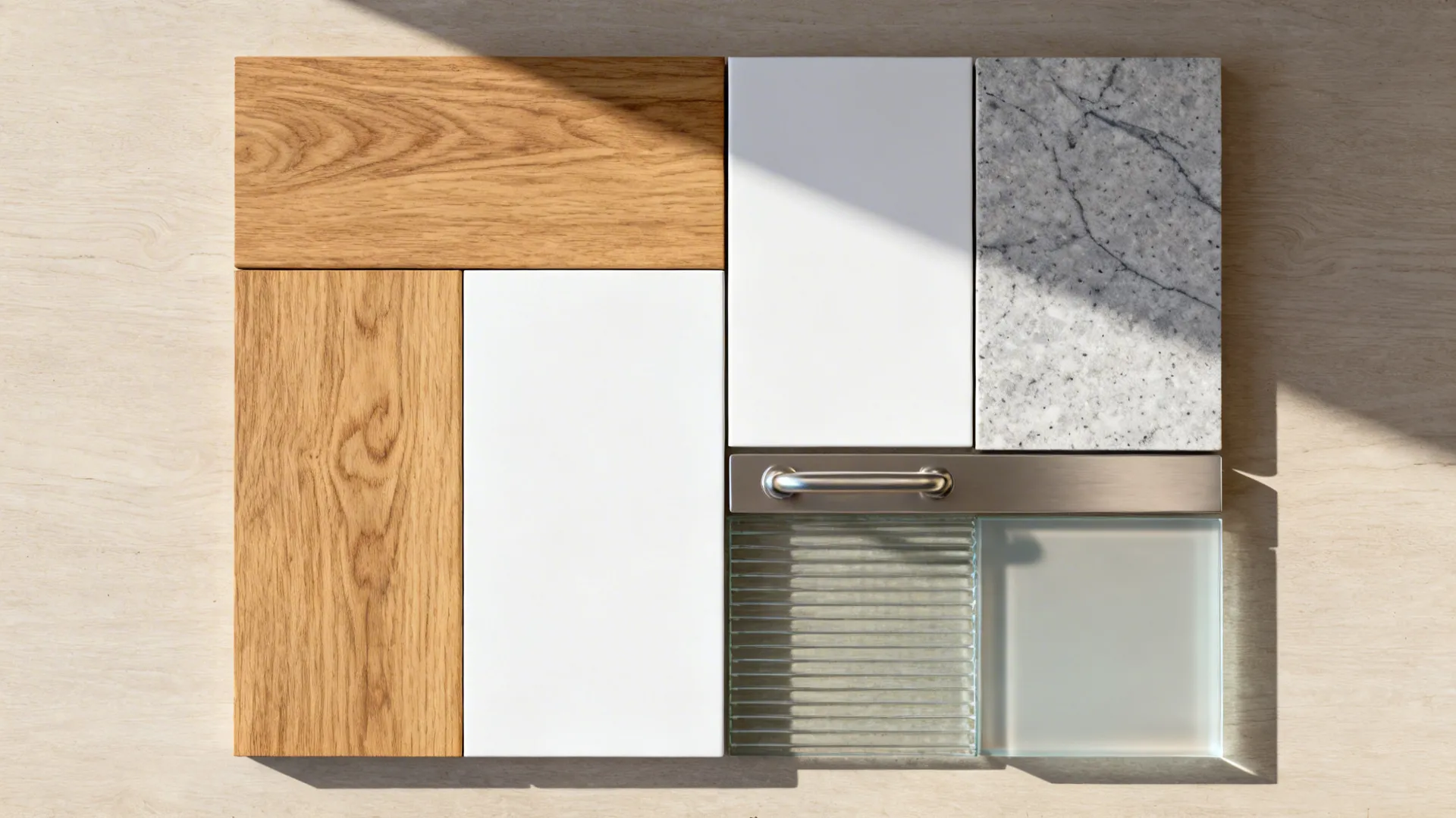 Interior design materials showing wood textures white panels marble stone glass samples and metal handle