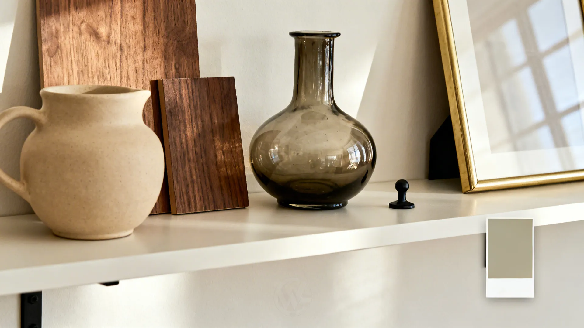 Flat-lay of walnut wood, matte ceramics, smoked glass, and brushed brass with greige paint swatch.