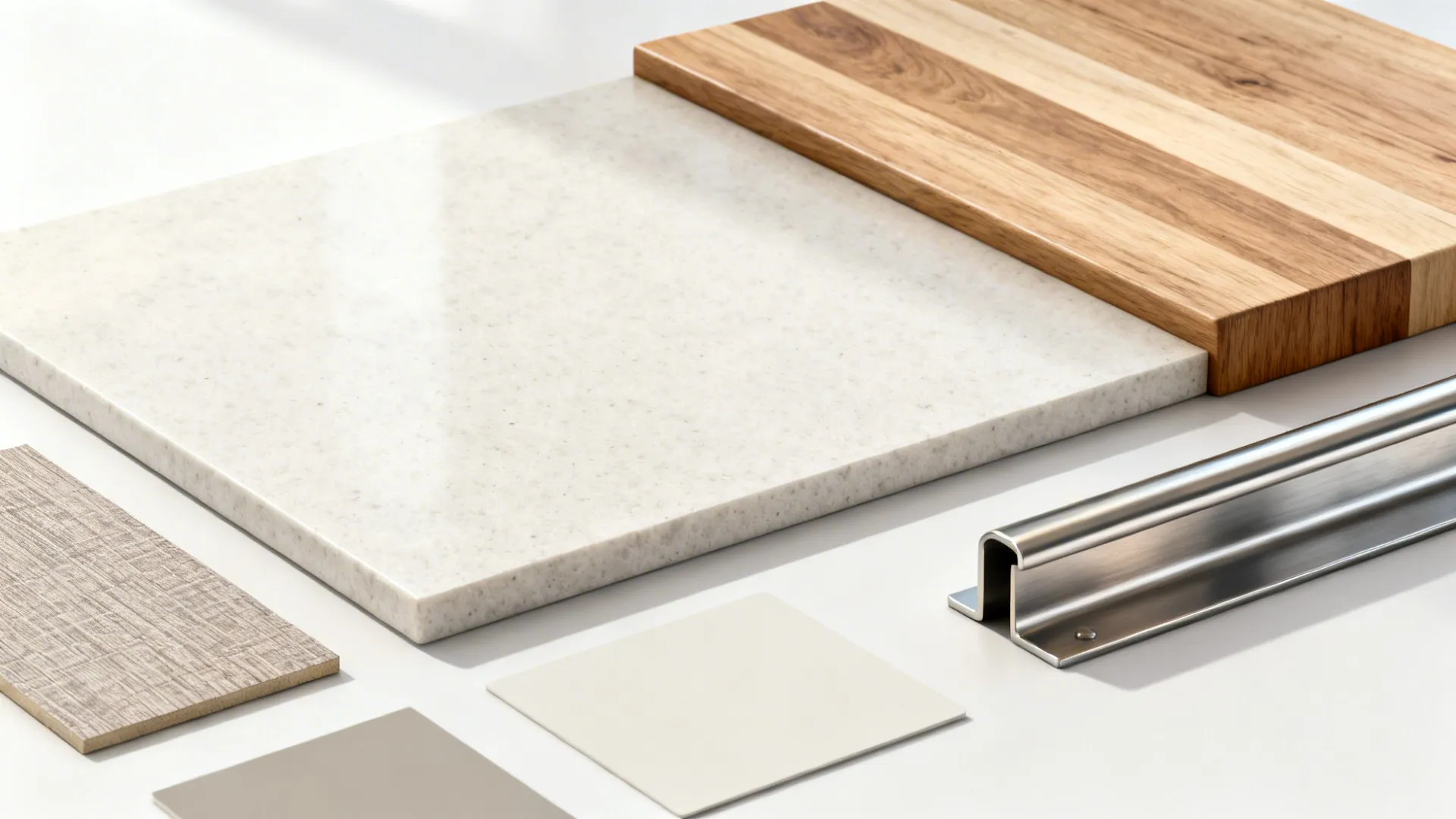 Interior design material samples including wood stone metal rail and color tiles on white background