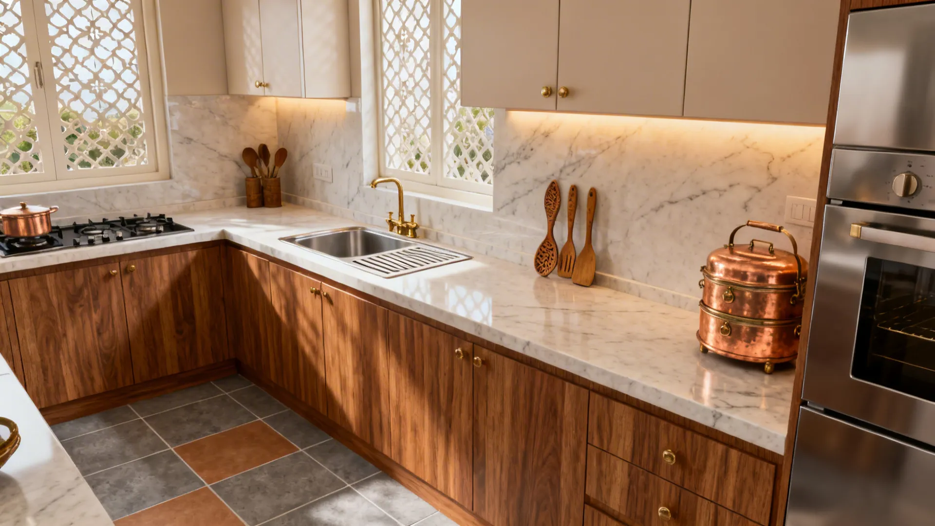 Warm wood-look lowers, pale uppers, quartz top, and matte textured floor tiles in a compact kitchen.