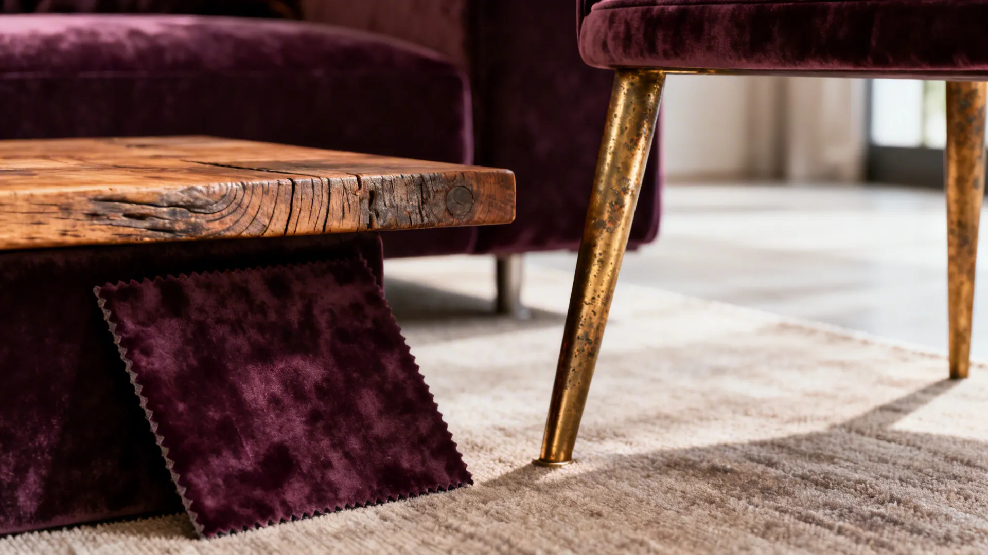 Close-up of velvet, reclaimed wood, and brass details to show mix of materials