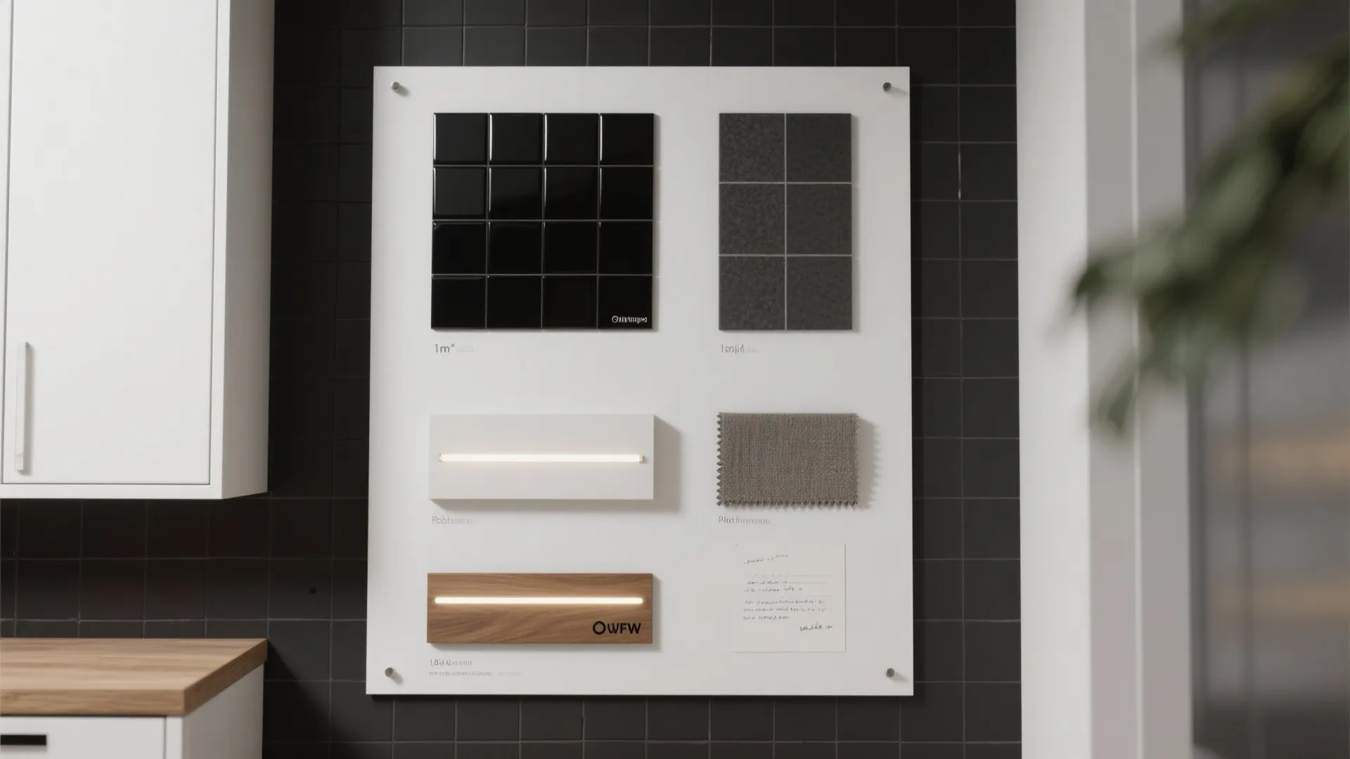 Interior design material board featuring black tiles wood samples fabric swatches and light fixture options