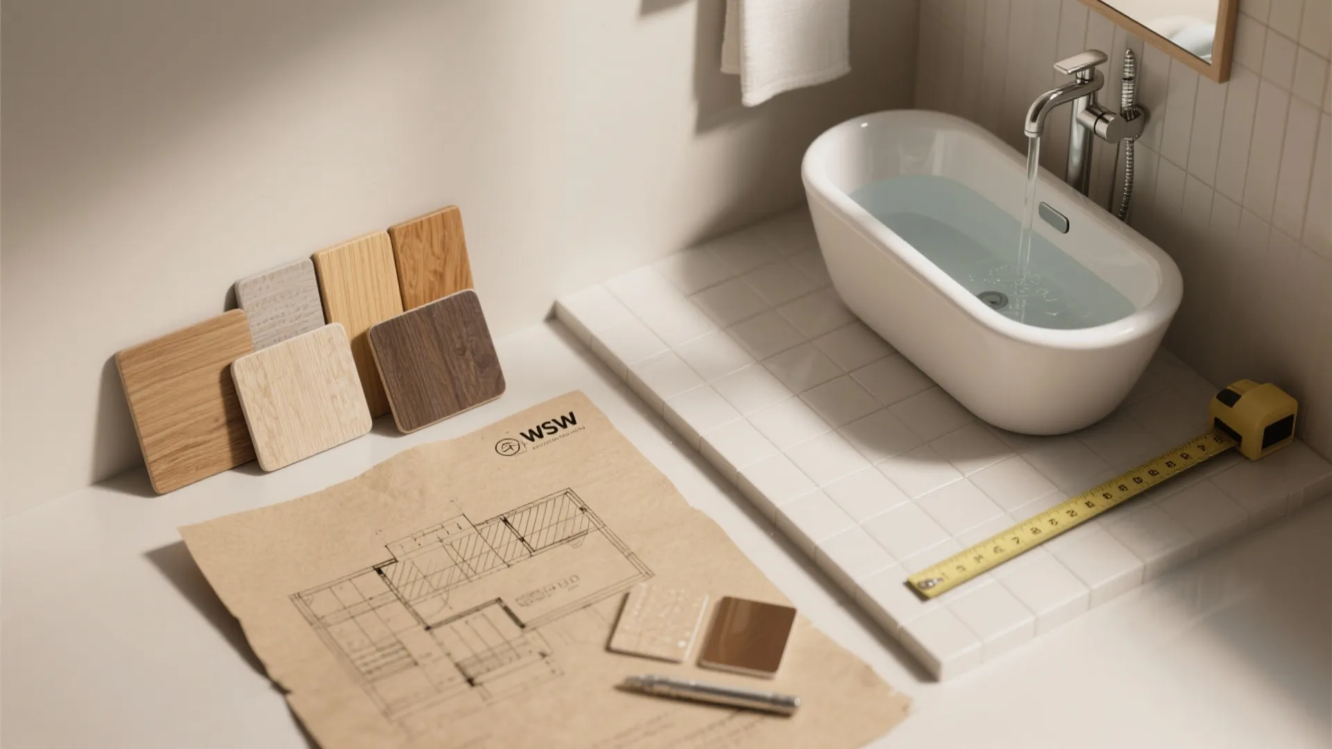 Interior design drawing with wood material samples measuring tape and small white bathtub on tiled floor