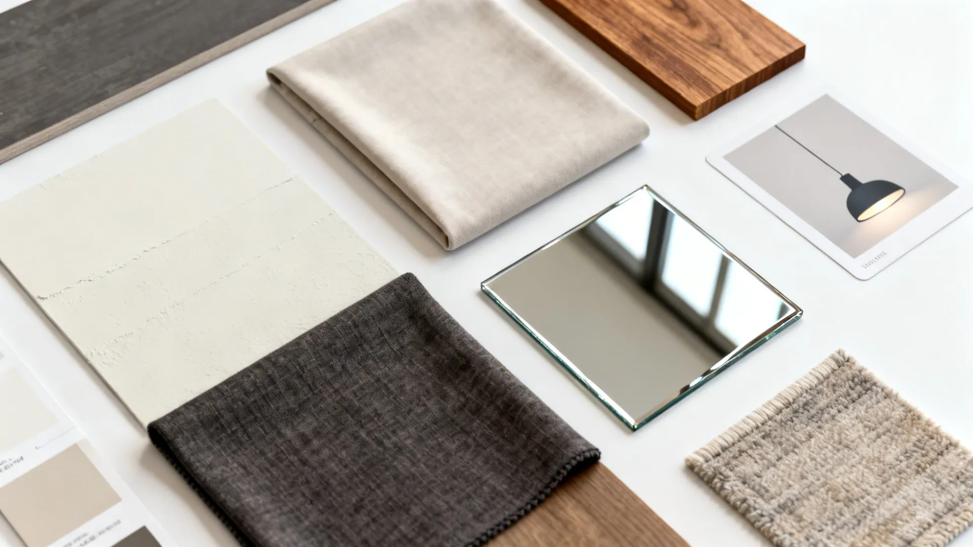 Flatlay of paint, fabric, wood and mirror samples showing a neutral palette and accent choices for a small living room.