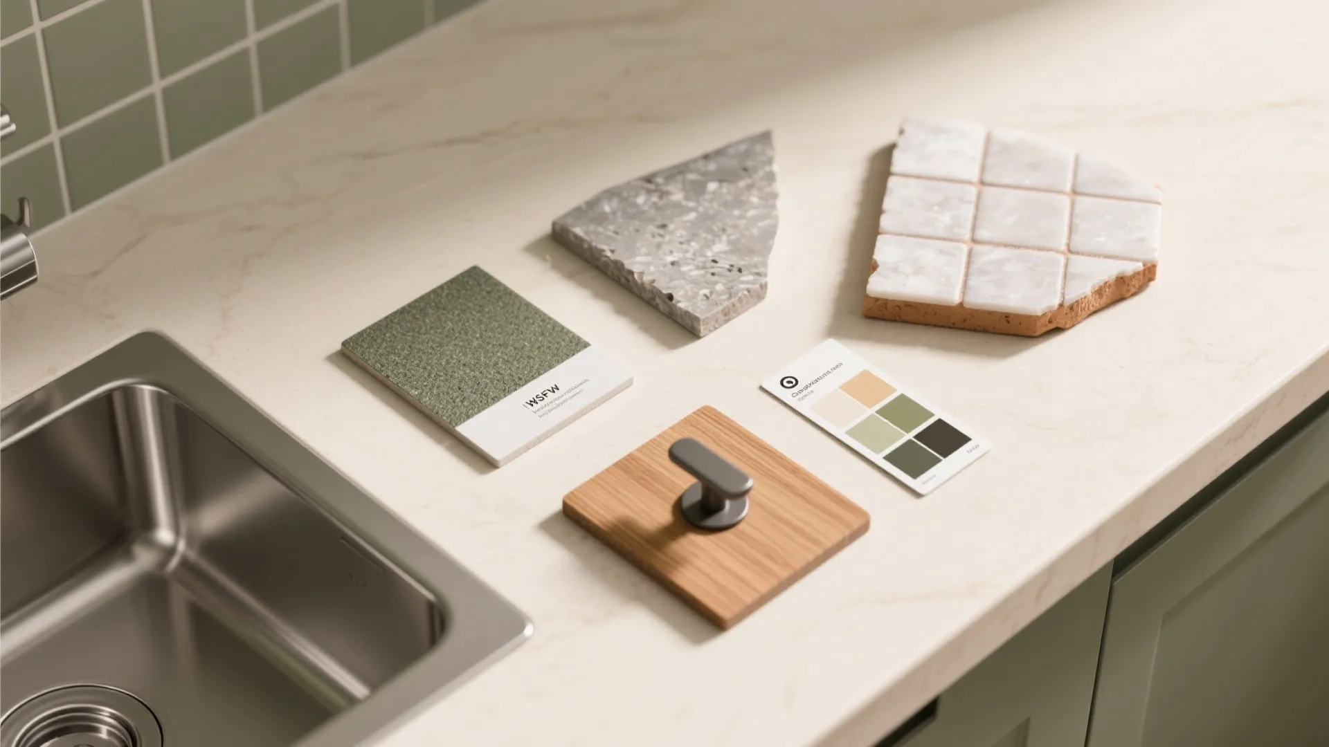 Kitchen countertop showing material samples including green tile marble stone wood and a color palette