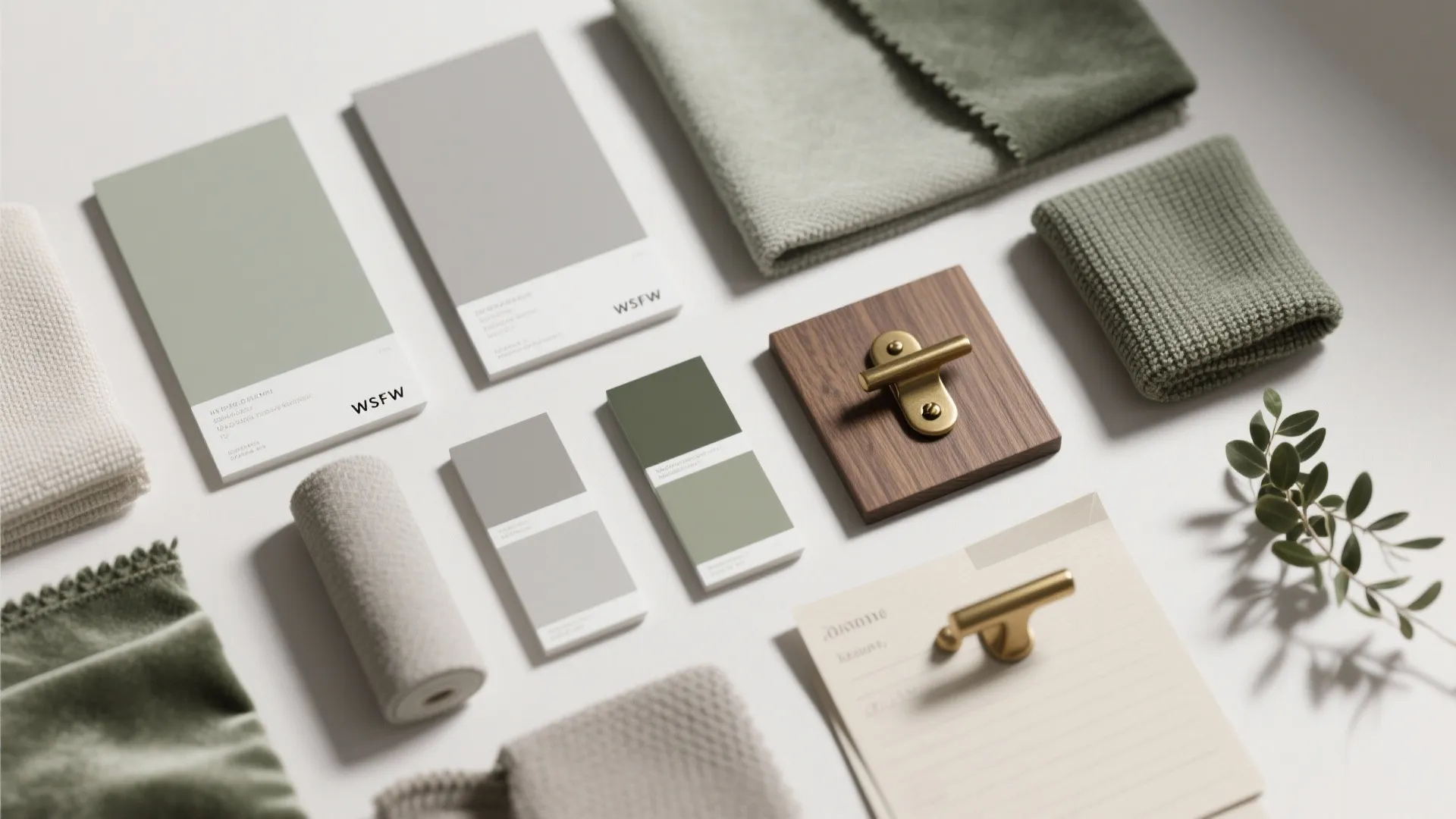 Interior design moodboard with green paint swatches, fabric samples, wooden piece, and gold cabinet handles