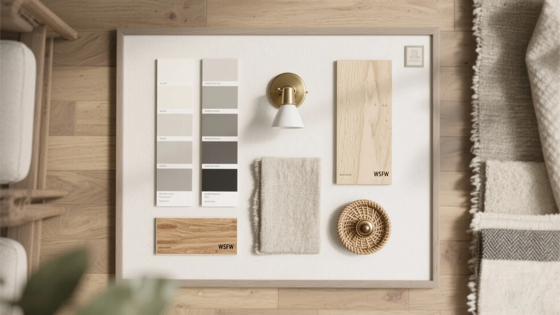 Interior design mood board with color samples wood panels fabric swatches and small wall light