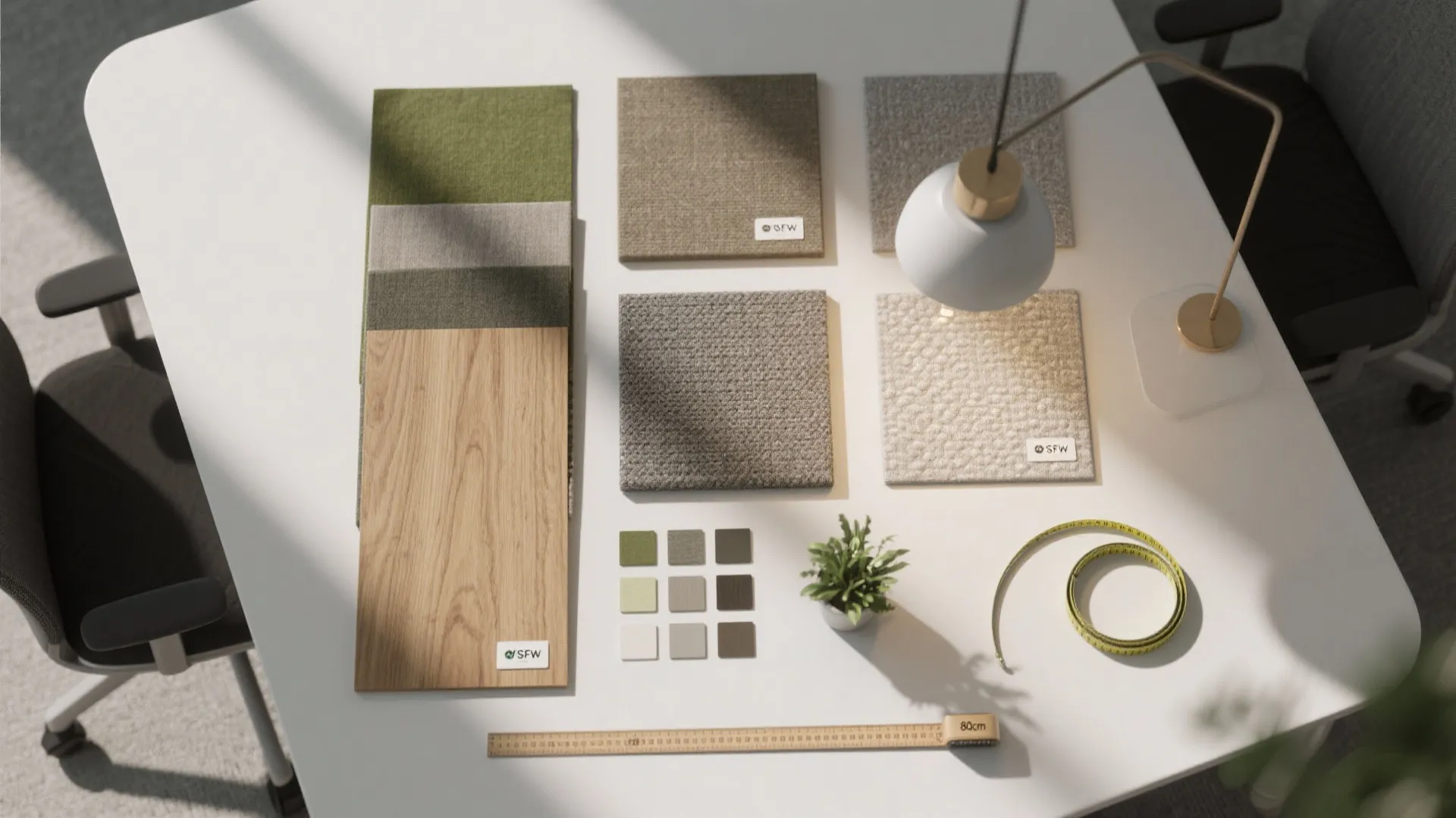 Interior design moodboard on white desk with fabric samples wood plank color swatches and tools