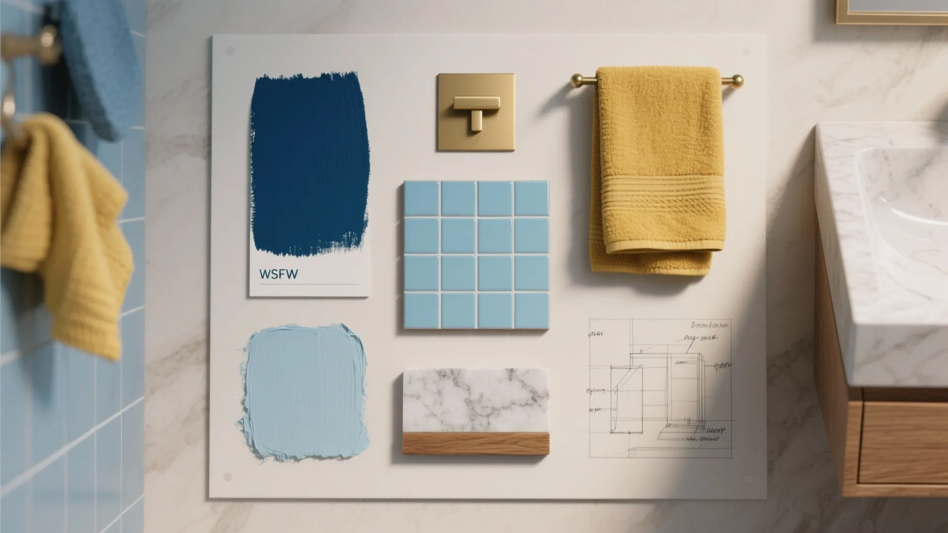 Interior design mood board with blue paint colors and tiles plus yellow towel and marble samples