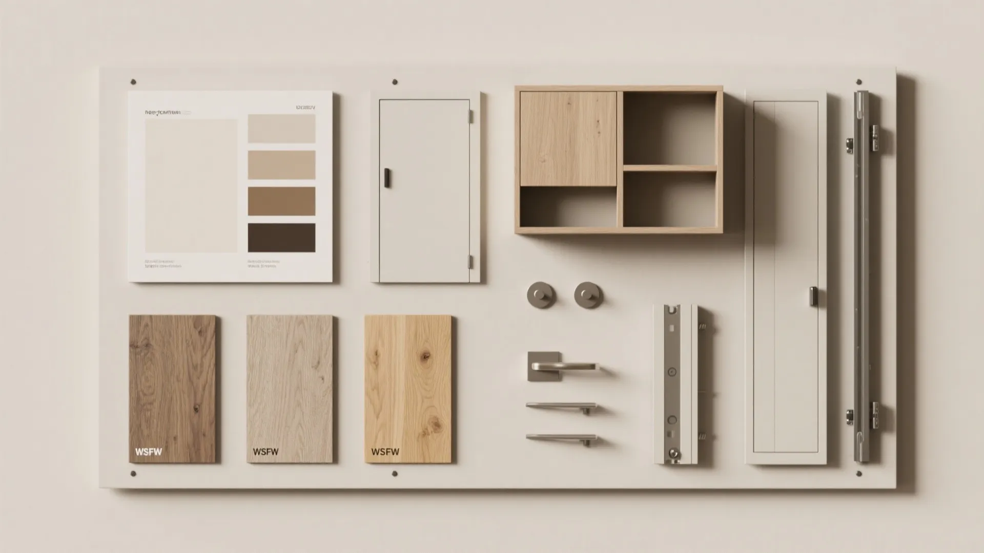 Interior design moodboard with wood samples color palettes metal door handles and small wooden wall cabinet
