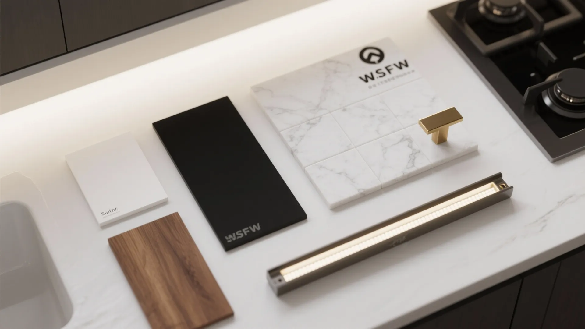 Interior design material mood board with wood sample marble tiles gold handle and led light fixture