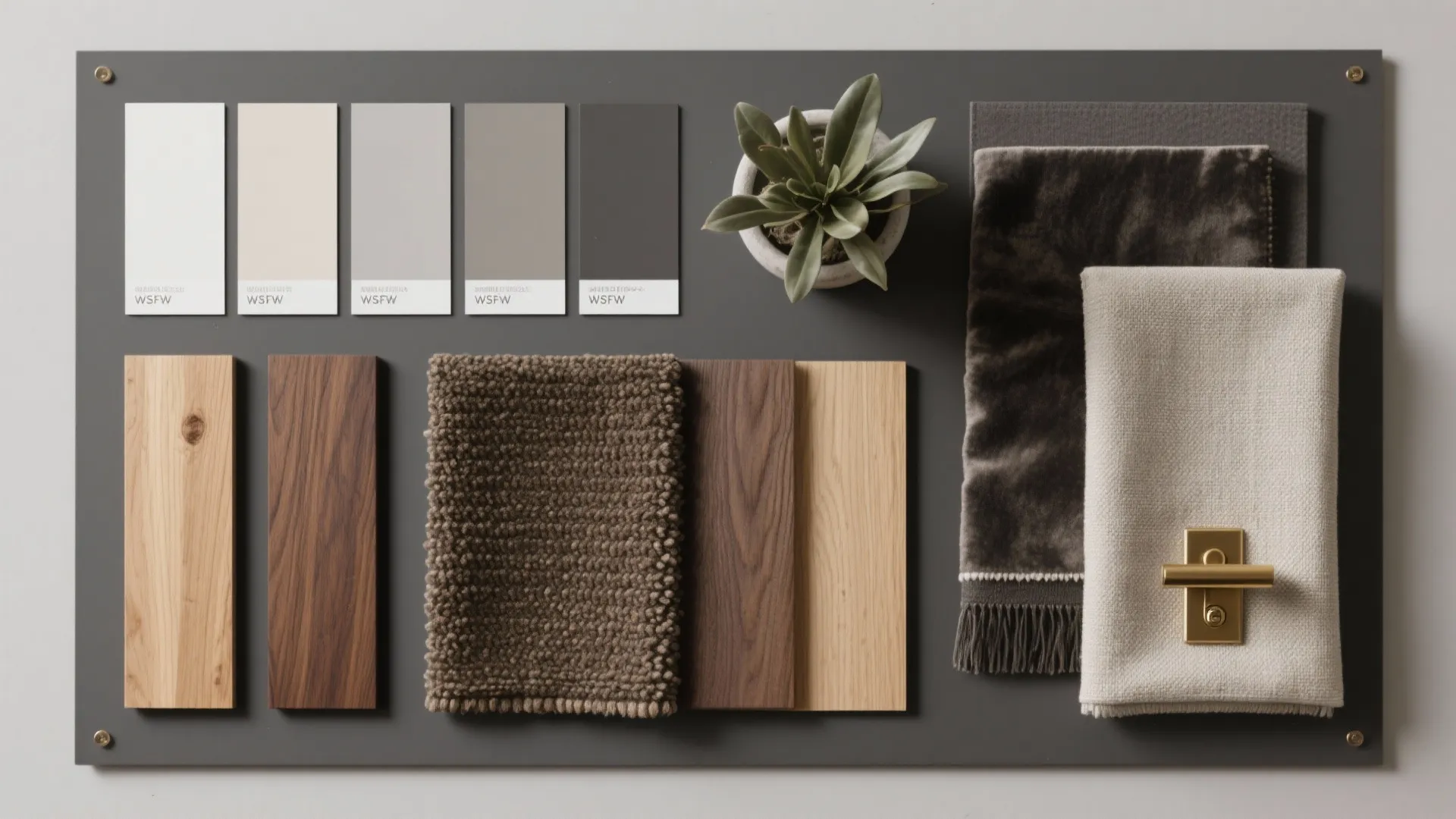 Moodboard flatlay with paint swatches, wood and fabric samples for dark gray bedroom design
