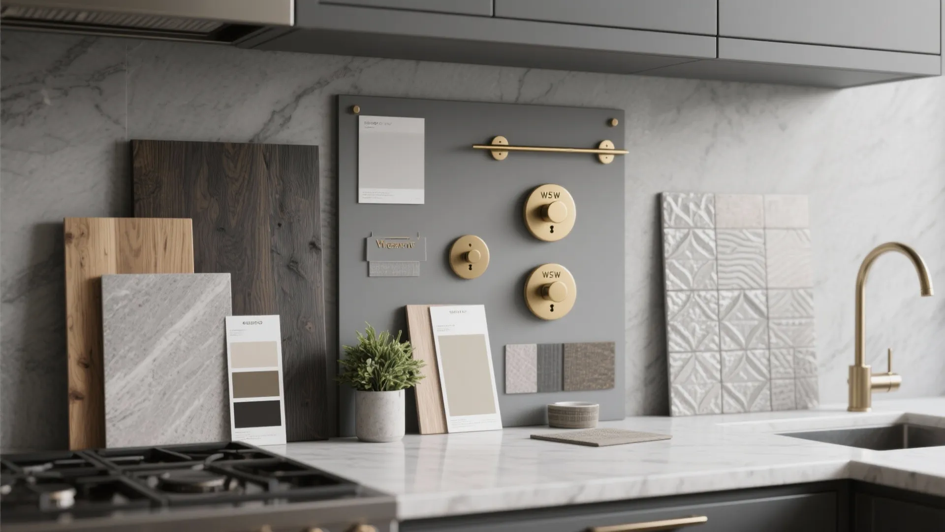 Interior design mood board with wood samples grey wall panel gold handles and marble kitchen counter