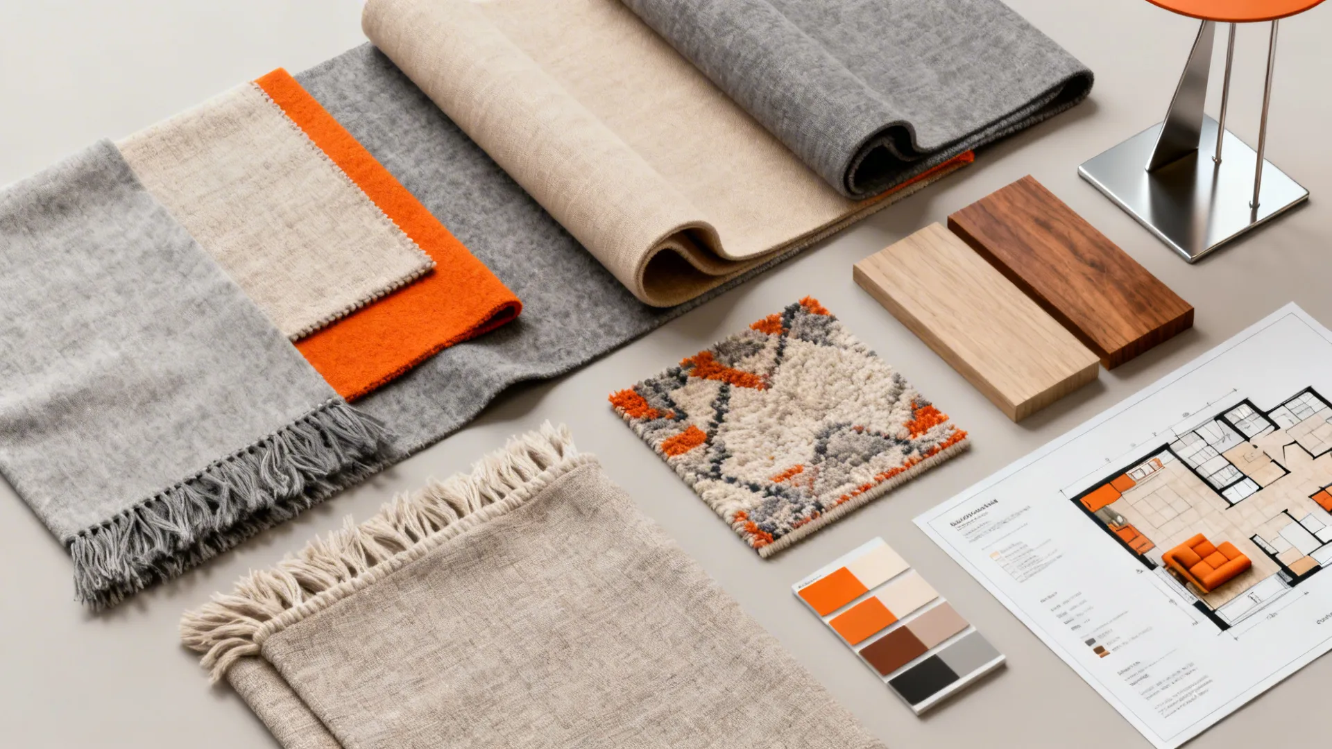 Material flatlay moodboard with fabric swatches, wood and metal samples, and a small floorplan for modern living room design