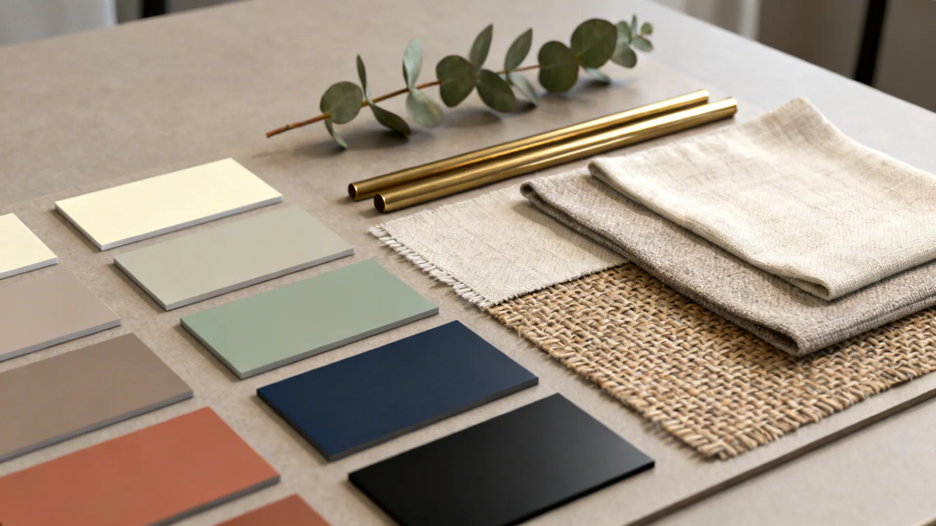 Material moodboard with paint chips, metal samples, fabric swatches and plant cutting for pairing with dark brown furniture.