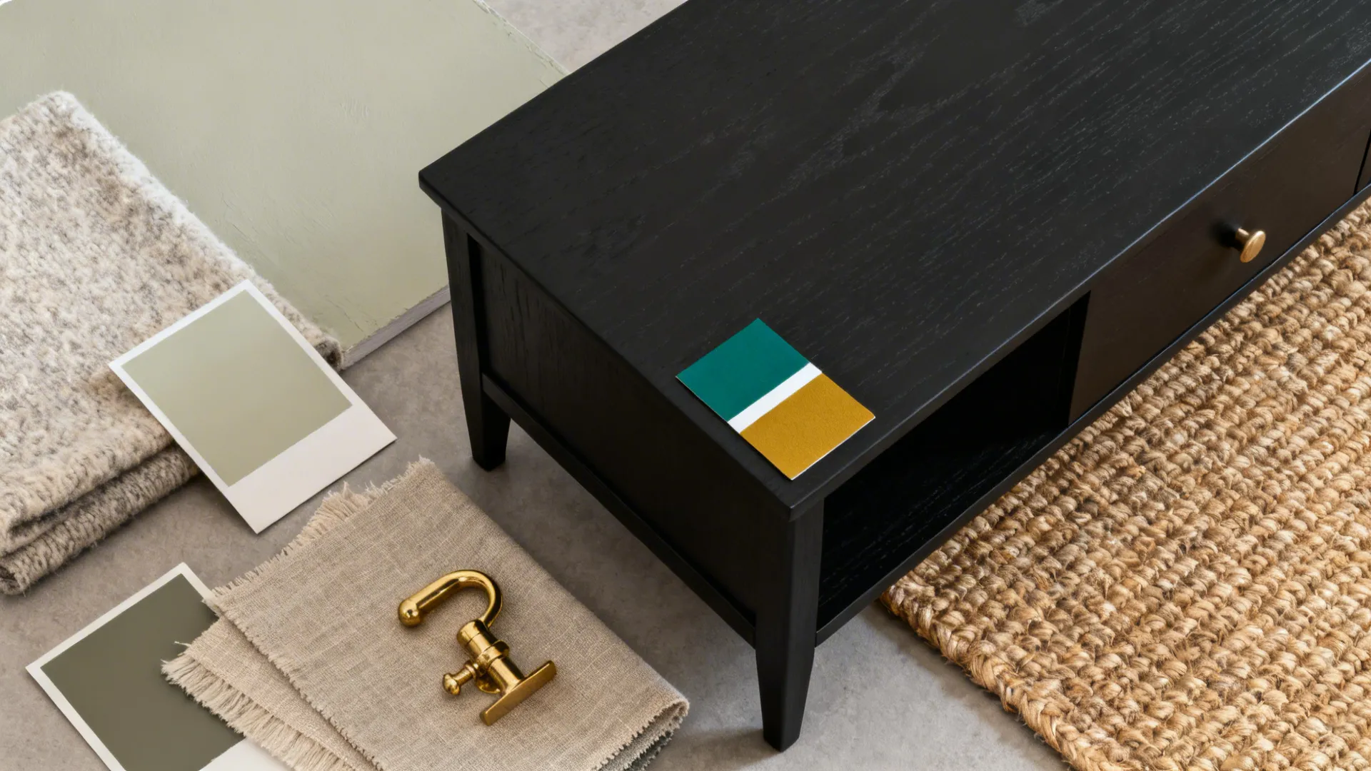 Flatlay moodboard with paint, fabric, rug and brass samples for styling black furniture.