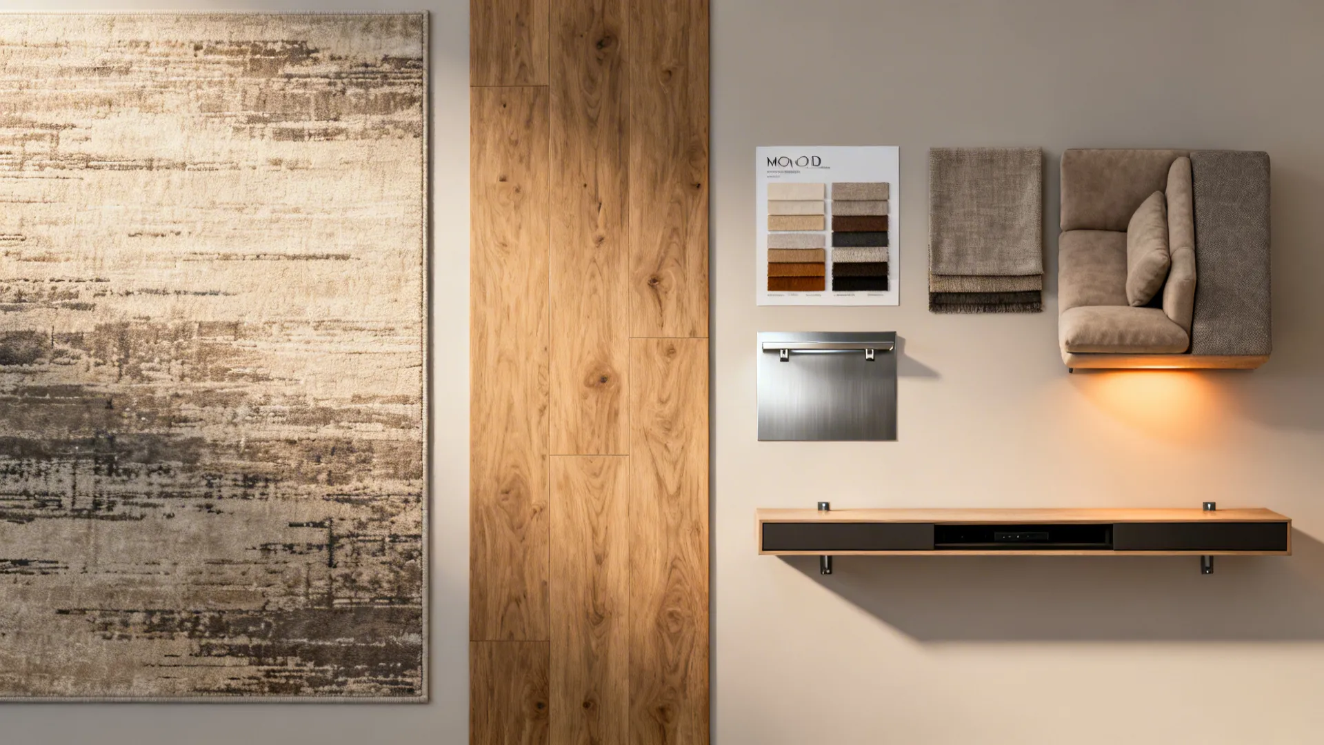 Flatlay moodboard of rug, wood, fabric swatches and finishes for a narrow living room