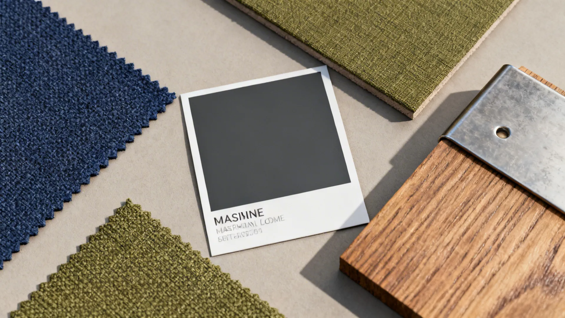 Material swatches and samples for a masculine living room moodboard with navy, charcoal, olive and wood.