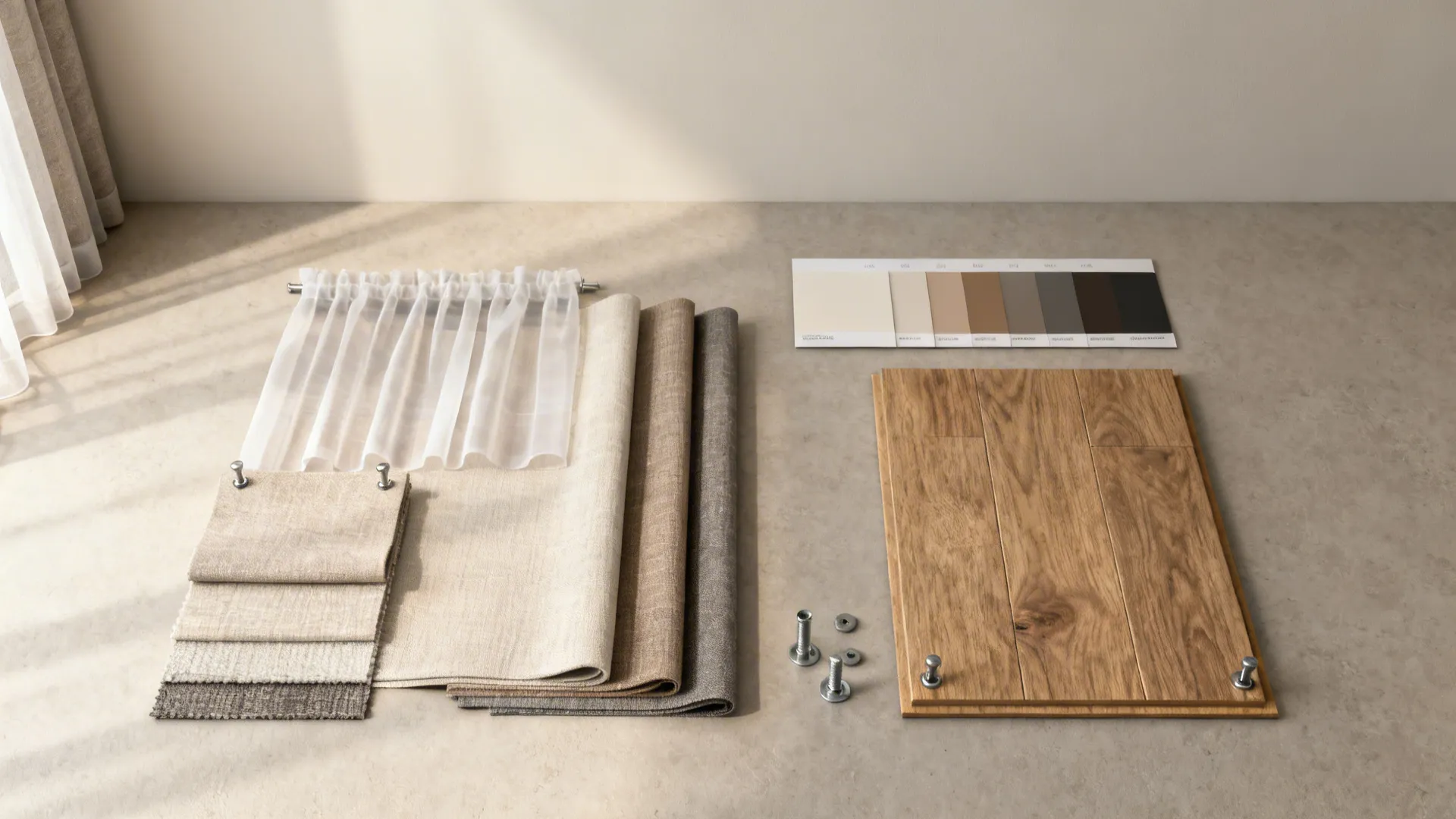 Flatlay of paint chips, fabric samples, flooring sample and anchor hardware for planning small-room designs
