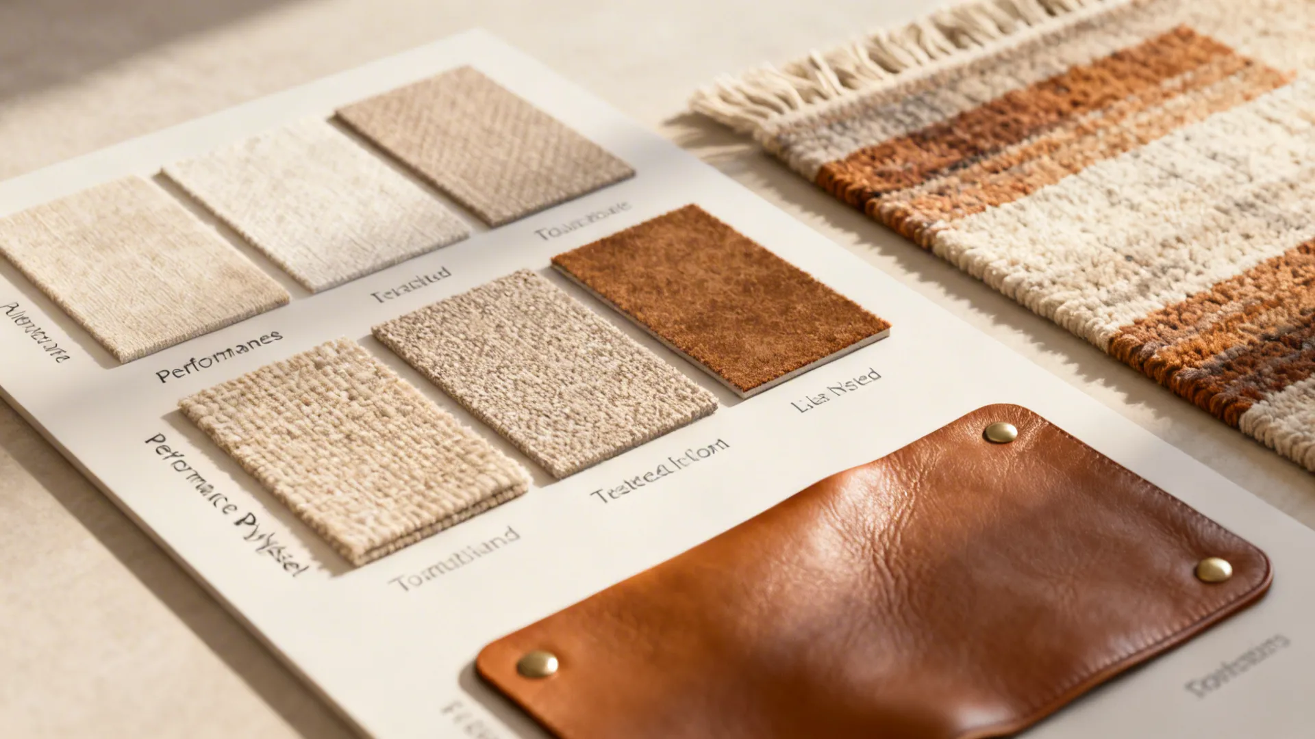 Moodboard of durable upholstery fabrics and treated leathers with swatches.