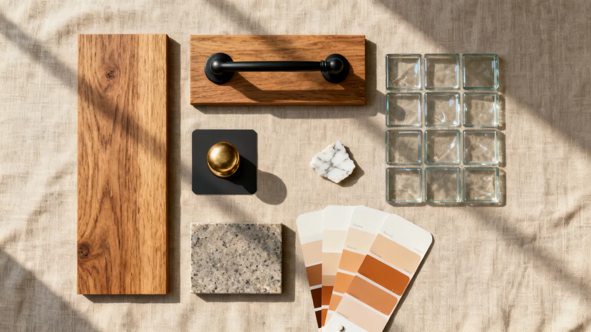 Top-down flat lay of oak, matte black, brass, marble, and linen kitchen materials.