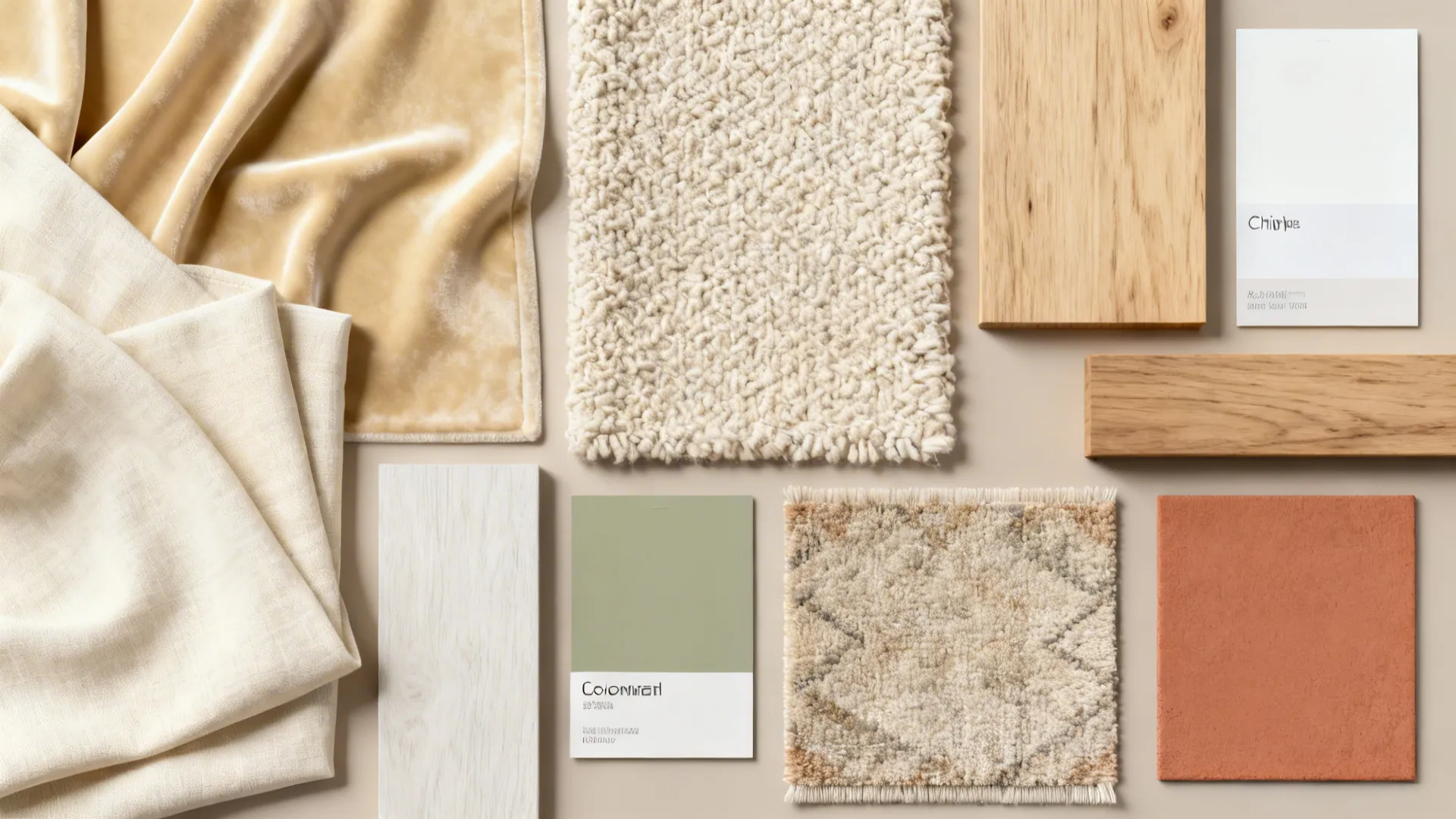 Flatlay of paint swatches, fabric samples and wood and rug chips for a cream-and-white scheme