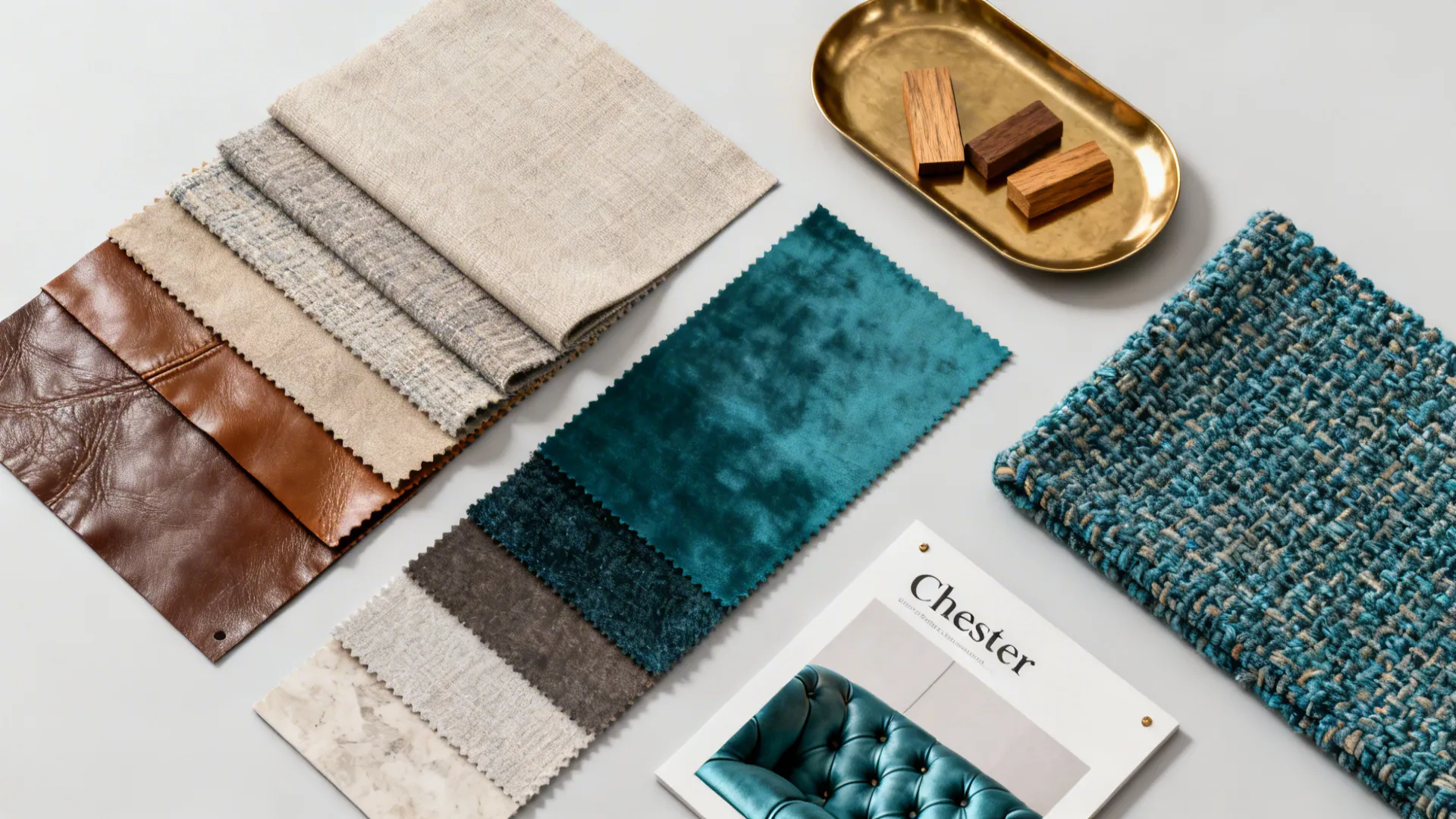 Material and color swatches for styling a Chesterfield including leather and fabric samples