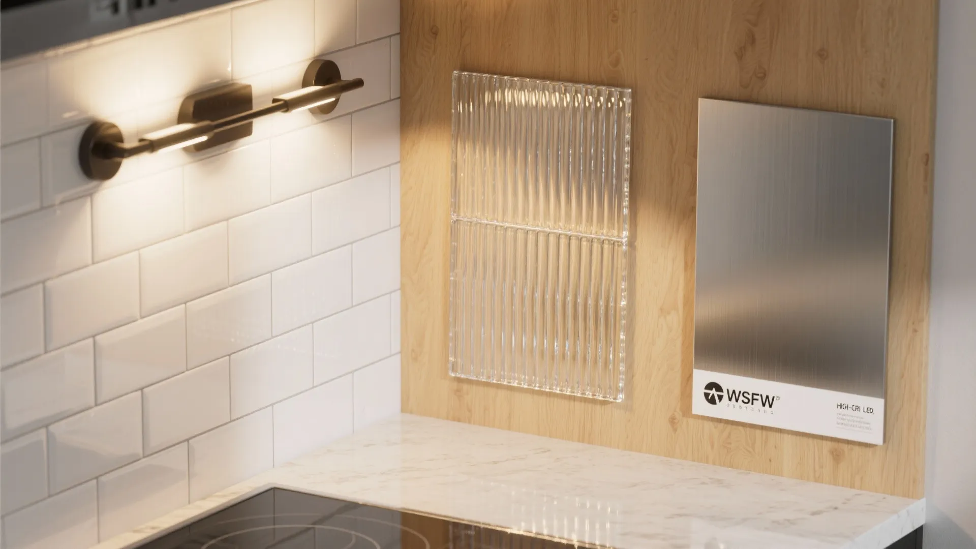 Material pairing: Tile, glass, and wood with light