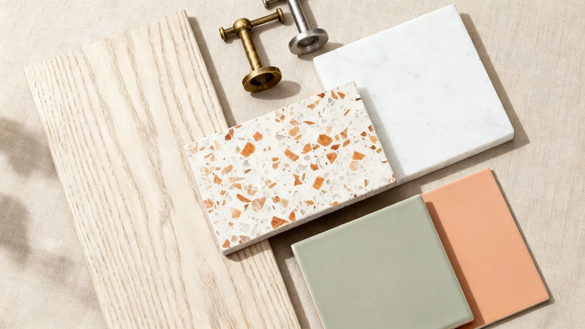 Flat lay of oak, terrazzo, honed quartz, sage tile, apricot swatch, and brass and nickel hardware.