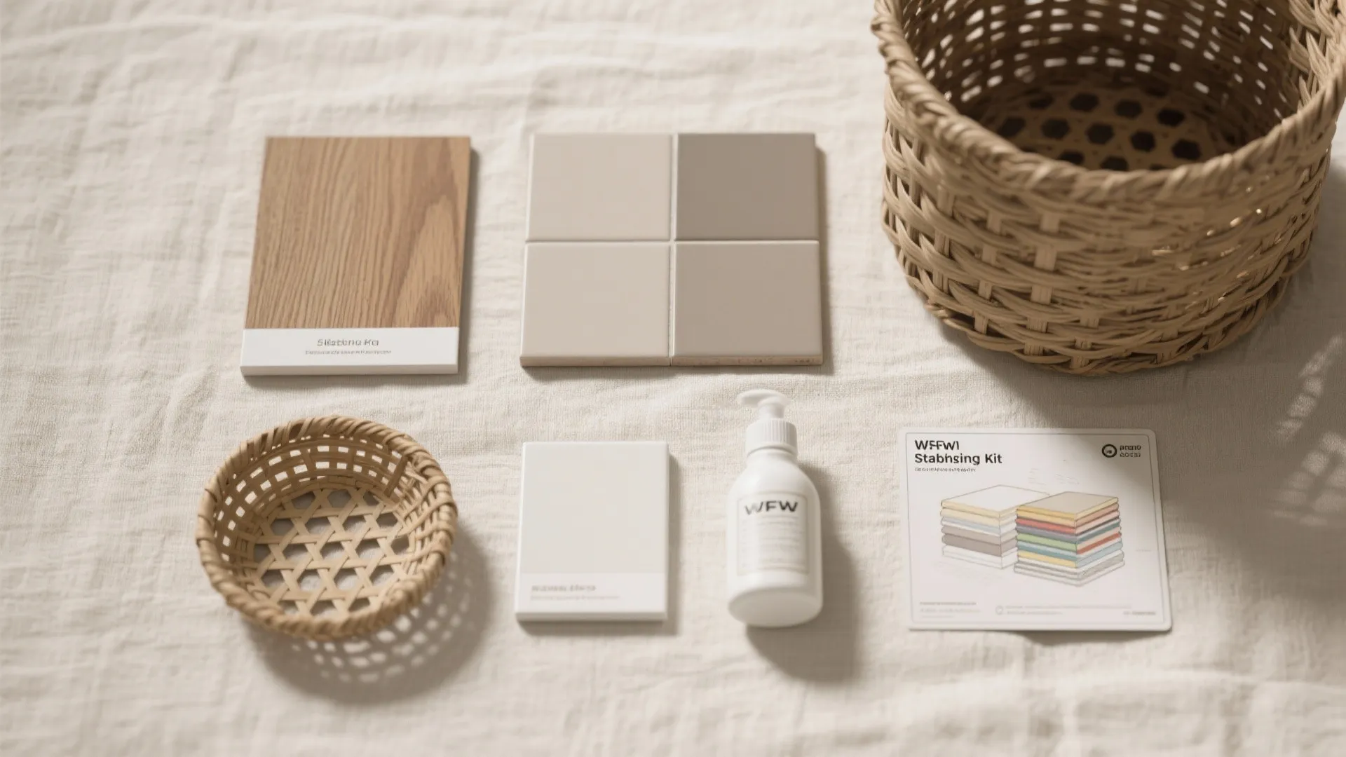 Material palette with wood sample square tiles white bottle paper kit and small woven baskets