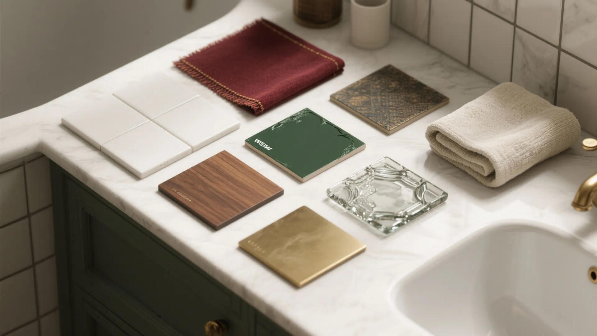 Interior design material samples including wood tiles fabric and glass on a marble bathroom counter
