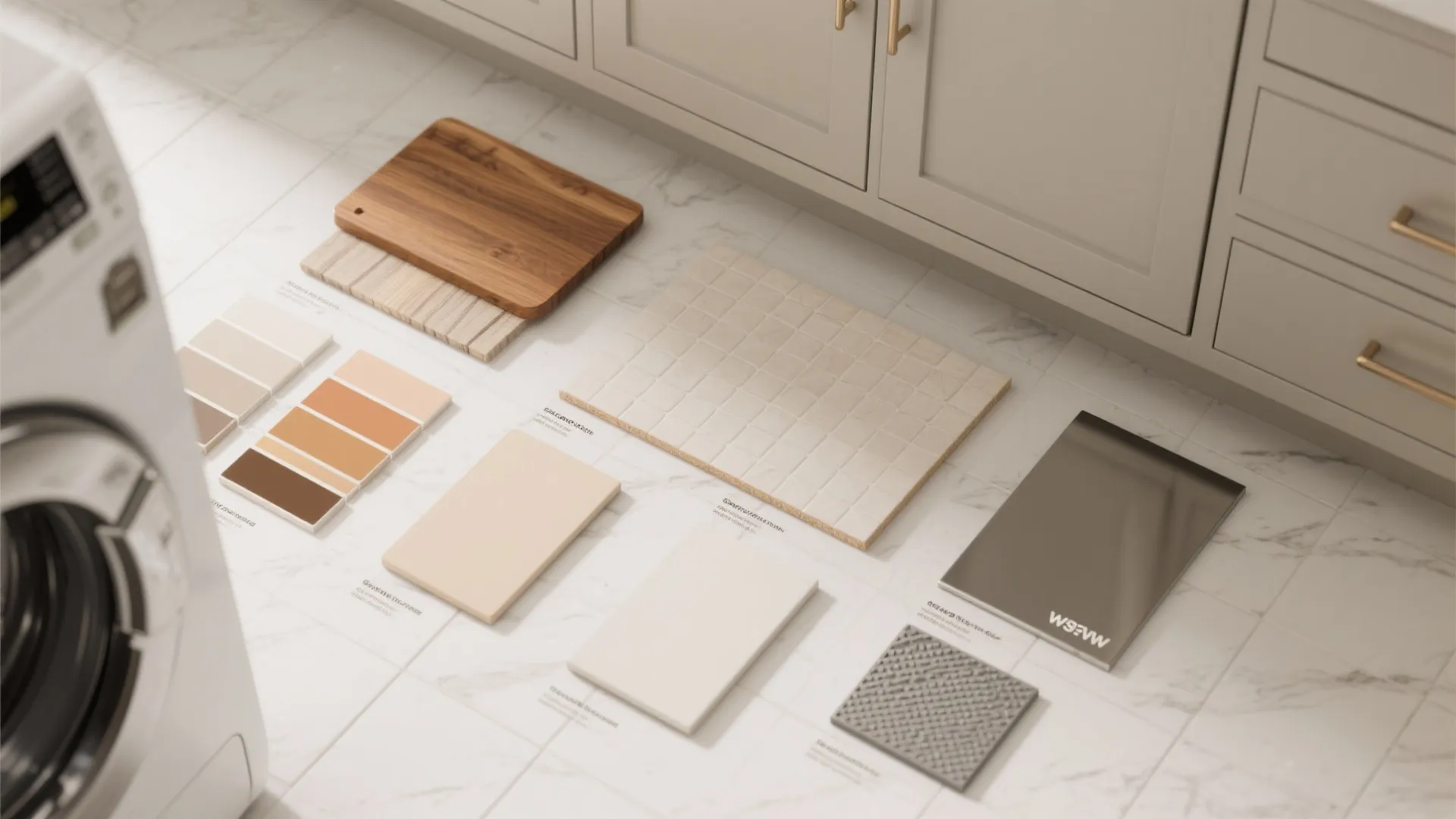 Interior design material palette with wood samples floor tiles and color paint cards on floor